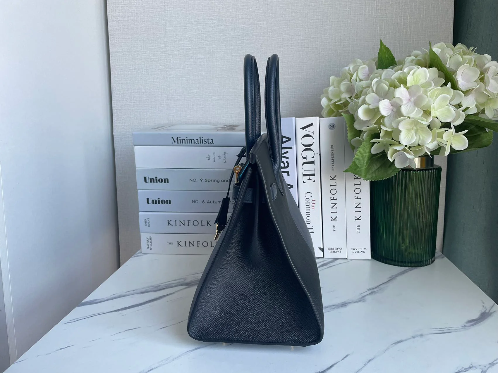 used-Hermes Birkin Bag 30 in Blue Indigo and Black Epsom Leather with Gold Hardware-MILOURA