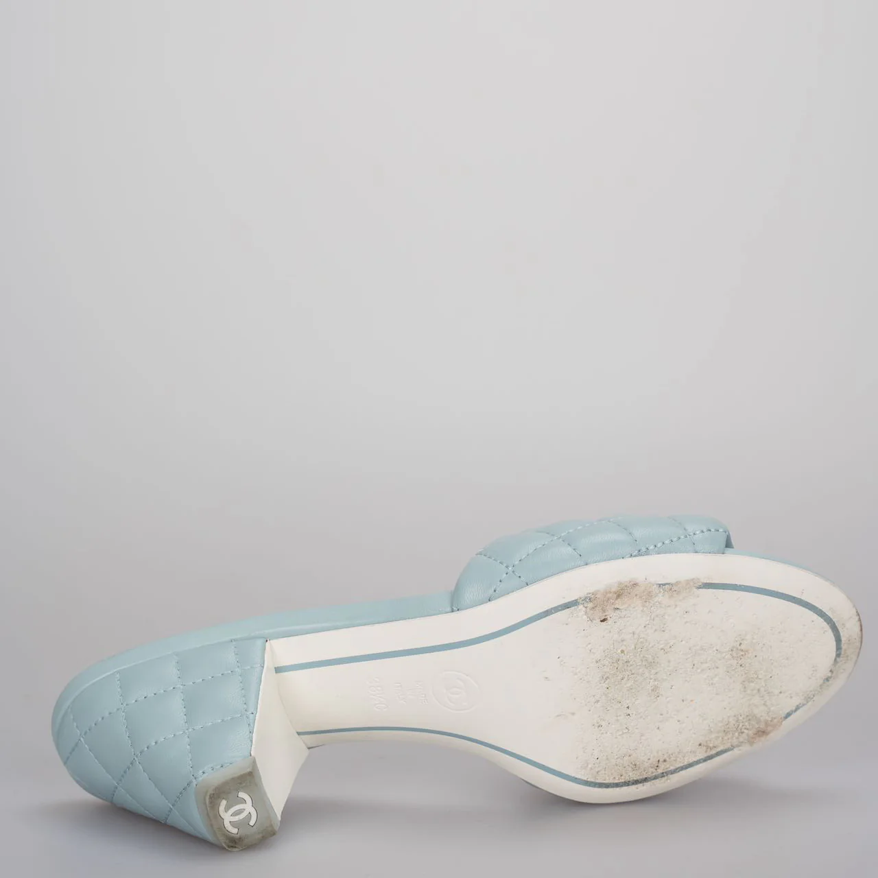 used-CHANEL Tiffany Blue Lambskin Quilted Textured CC Mules 38.5-MILOURA