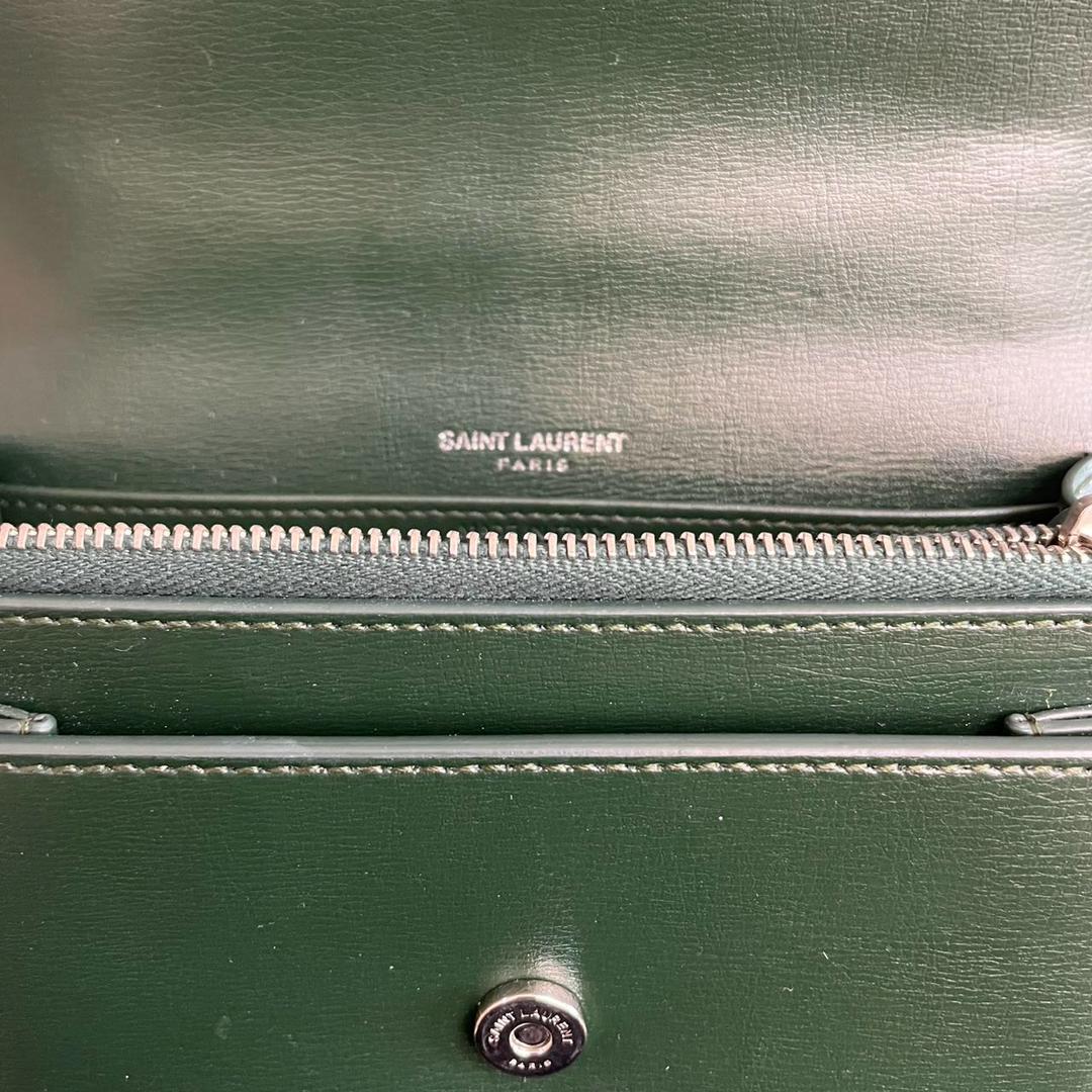 Saint Laurent Sunset Wallet on Chain Mini Olive Green with Silver Tone Hardware