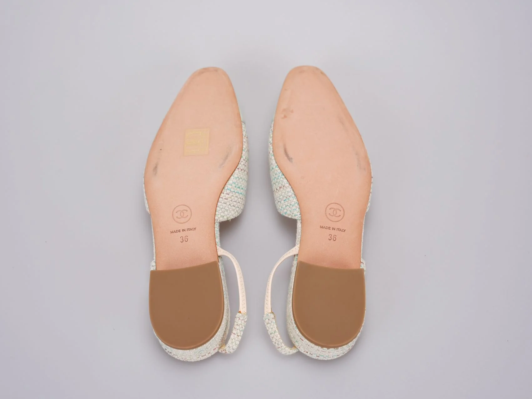 used-Chanel Light Green Tweed Slingback Patent Cap Toe Ballerinas 36-MILOURA