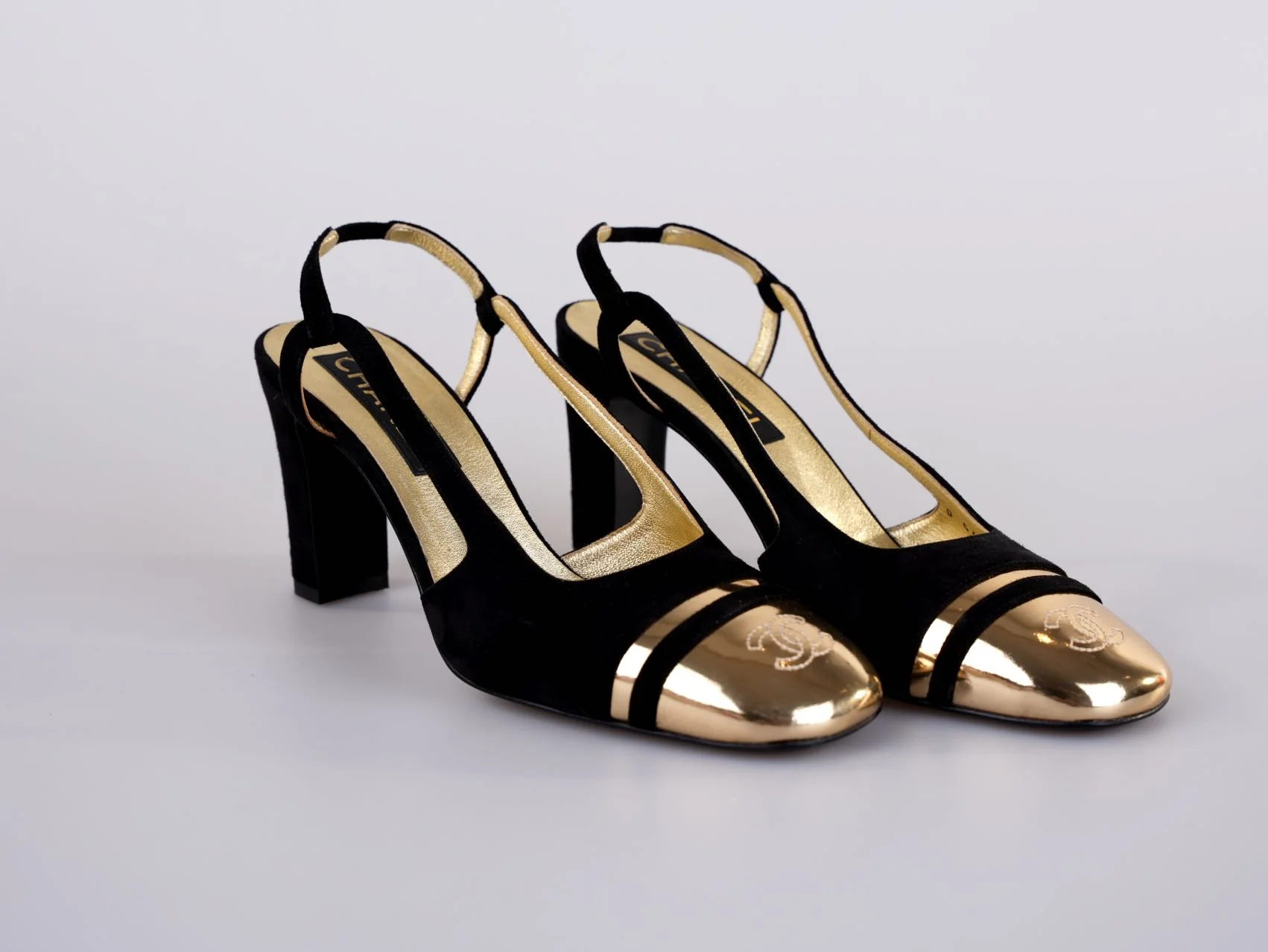 used-Chanel CC Slingback Heels Black Gold Size 37.5 EU-MILOURA