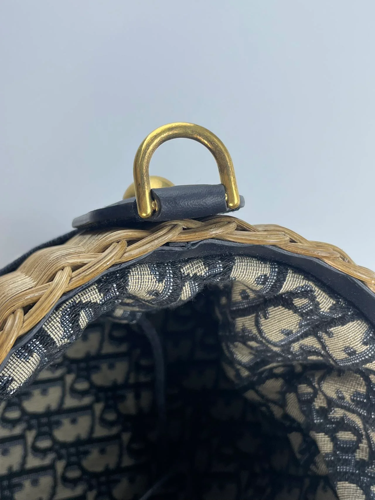 used-Dior Dioriviera Bucket Bag in Wicker and Blue Canvas With Gold Hardware-MILOURA