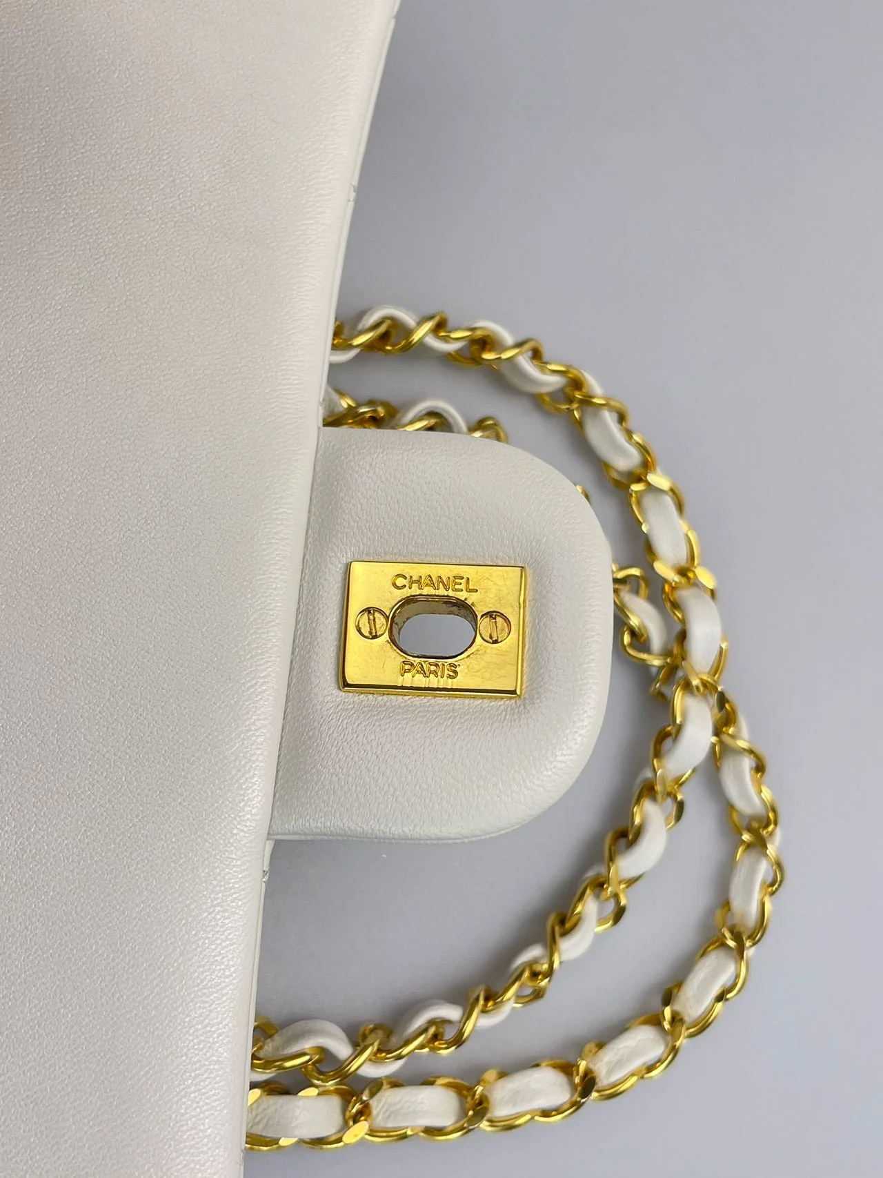 used-Chanel Vinateg White Classic Flap Bag with Gold Hardware-MILOURA