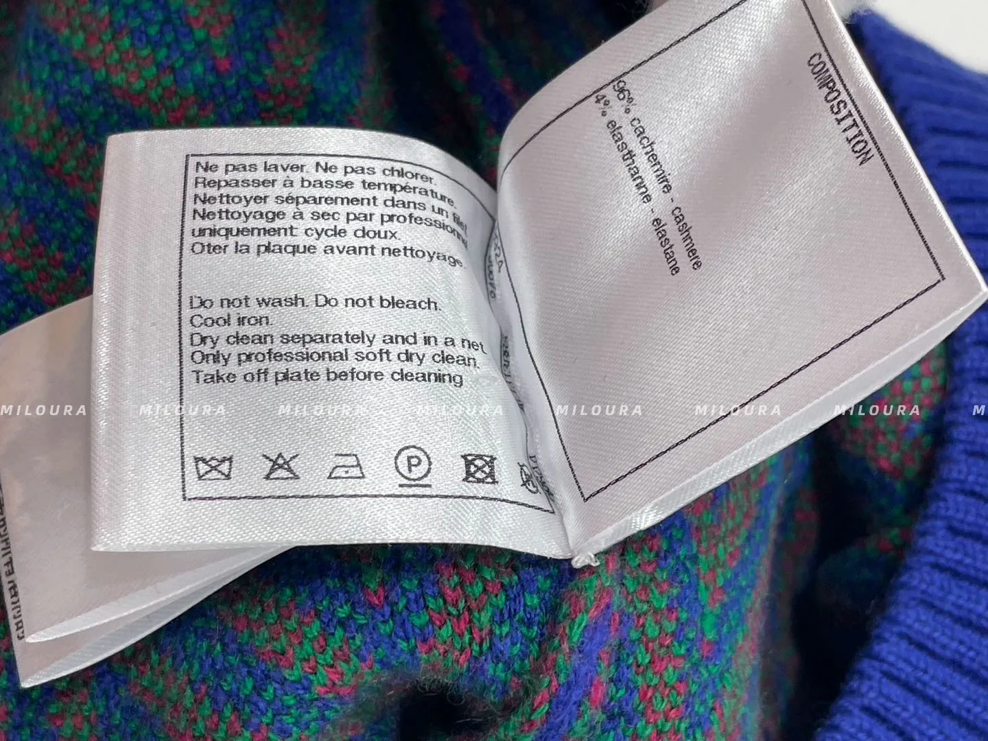 used-CHANEL 100% cashmere blue red chevron green CC logo crystal brooch dress FR40-MILOURA