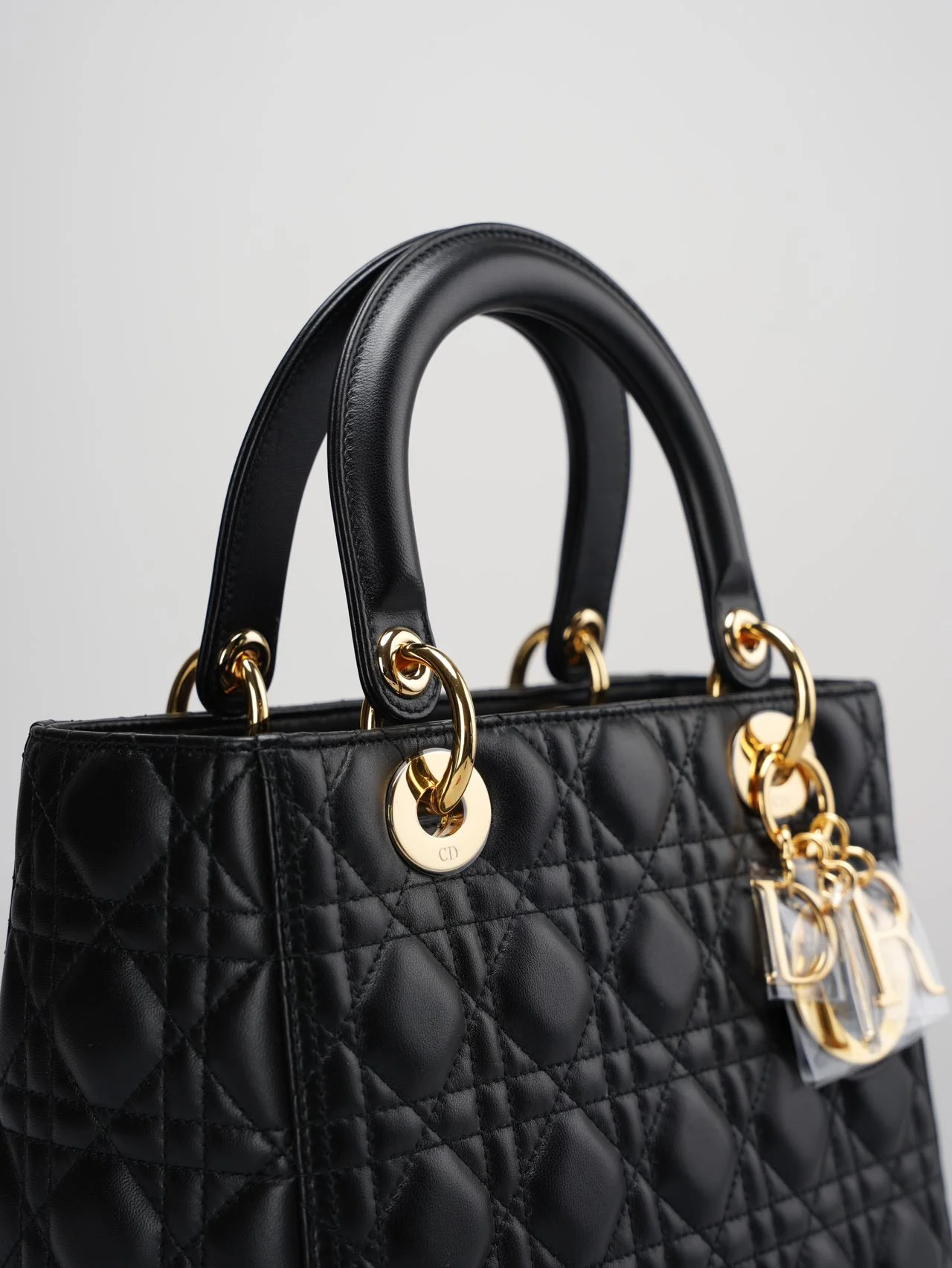 used-Christian Dior Black Lady Dior Bag Medium in Cannage Lambskin Leather with Gold Hardware-MILOURA