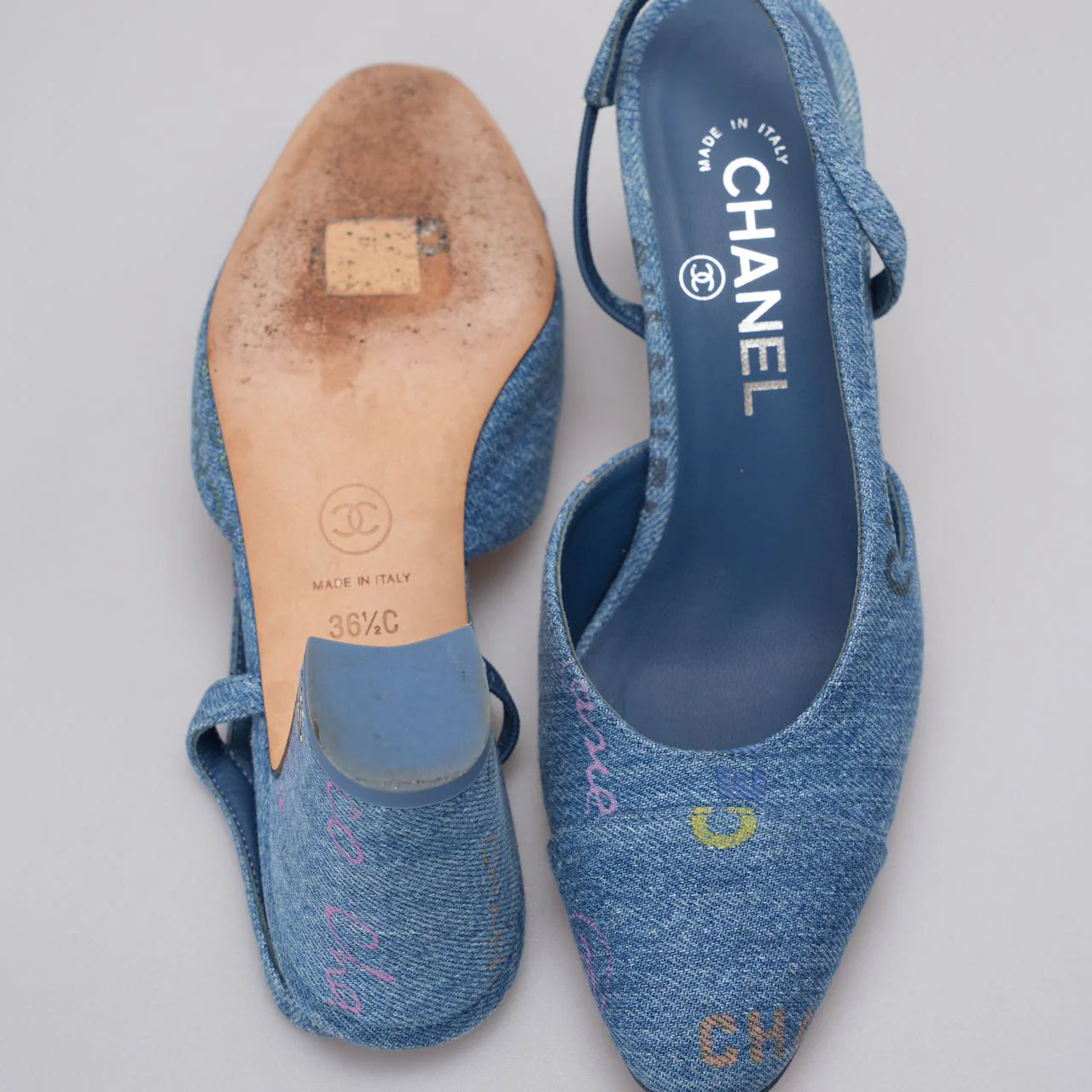 Chanel Denim Cap Toe CC Slingback Pumps  Light Blue & Multicolor 36.5