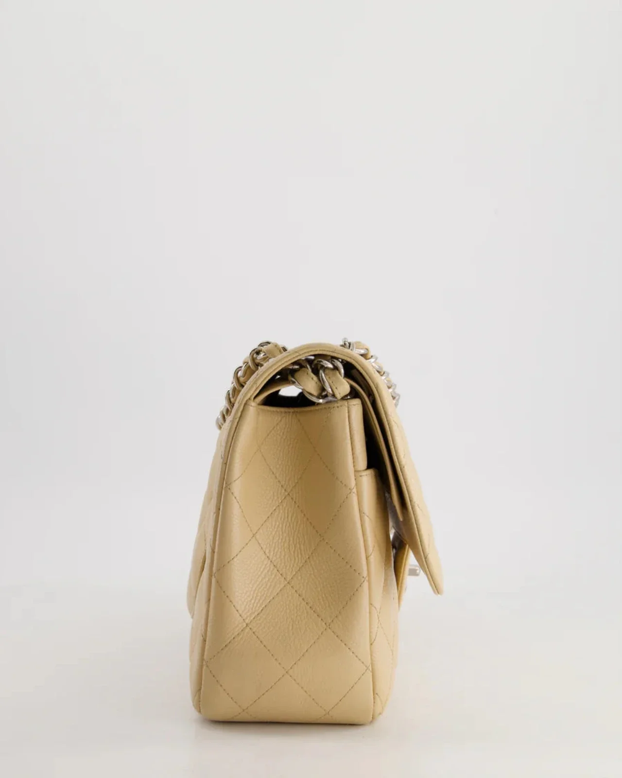 used-Chanel timeless Flap Bag Beige Jumbo size Caviar Leather with Silver Hardware-MILOURA