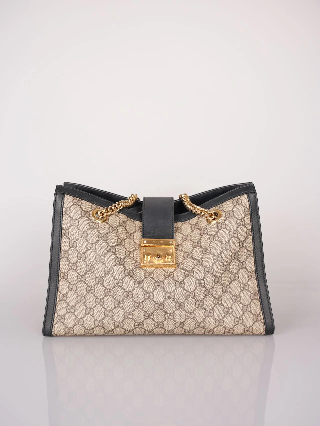 used-Gucci GG Logo Supreme Canvas Leather Padlock Tote Bag in Beige/Black in medium-MILOURA