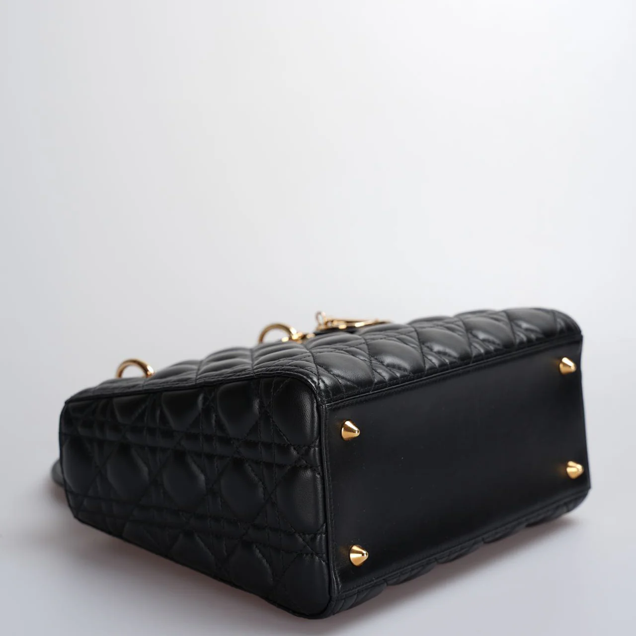 used-Christian Dior Black Medium Lady Dior Bag in Cannage Lambskin Leather with Gold Hardware-MILOURA