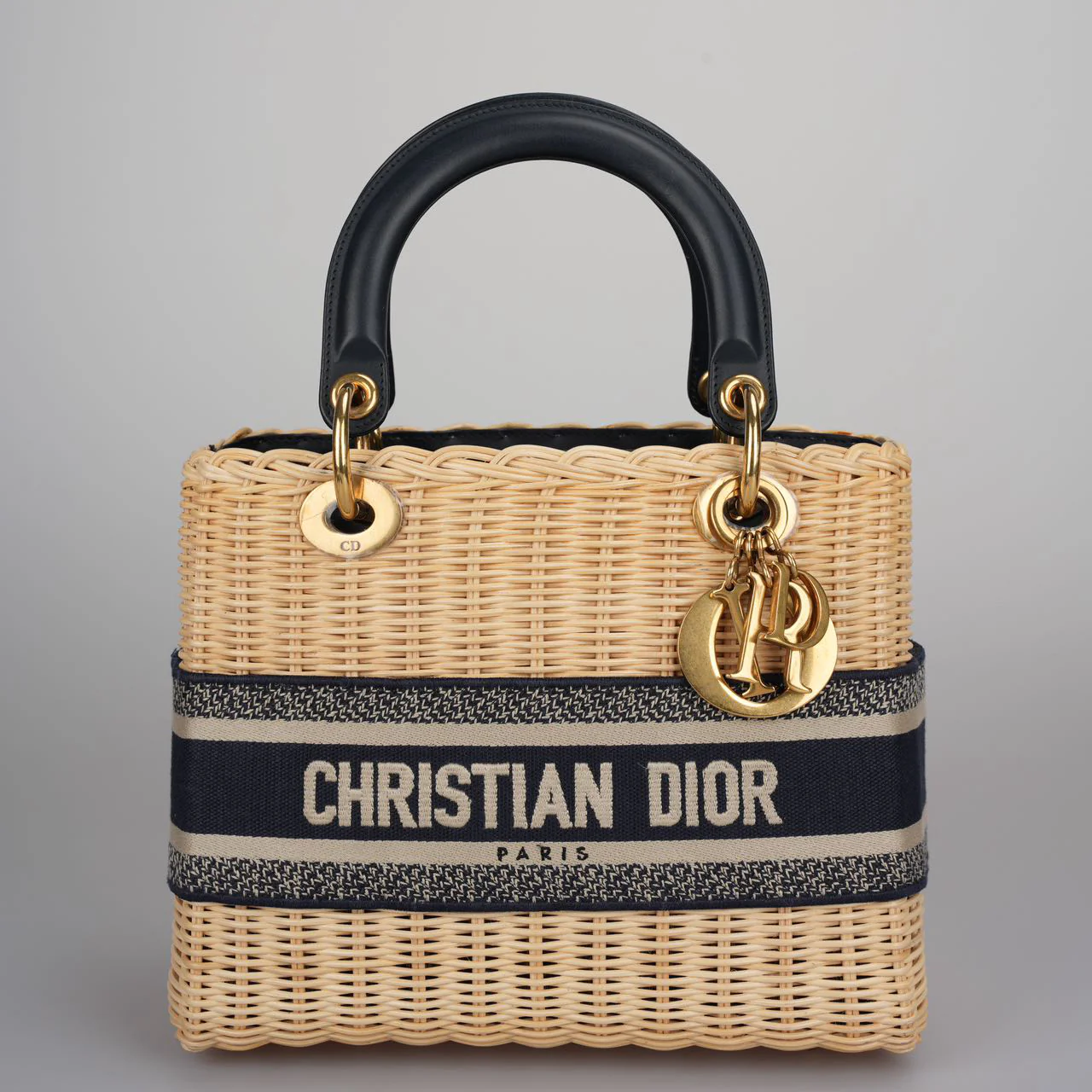 used-Christian Dior Natural Wicker/Blue Oblique Canvas Medium Lady Dior Bag-MILOURA