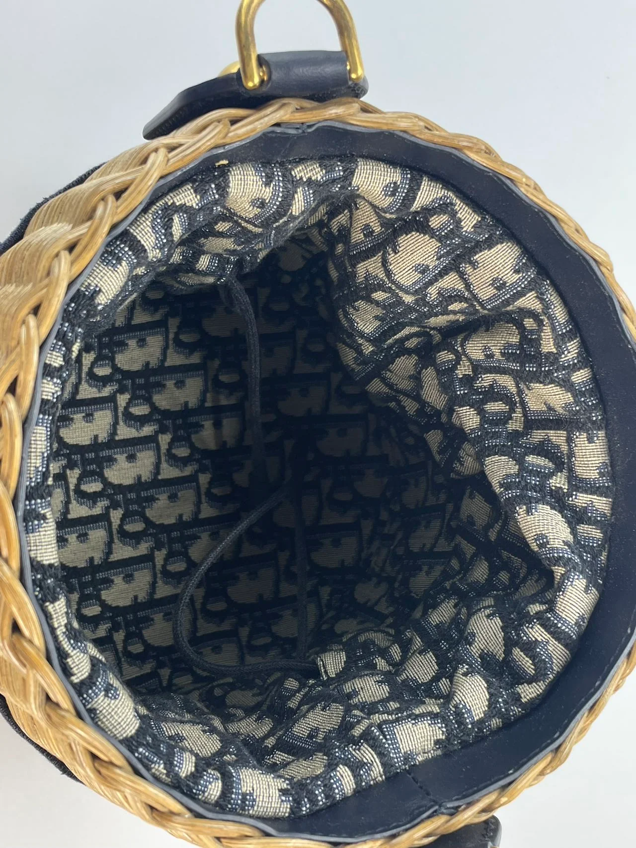 used-Dior Dioriviera Bucket Bag in Wicker and Blue Canvas With Gold Hardware-MILOURA