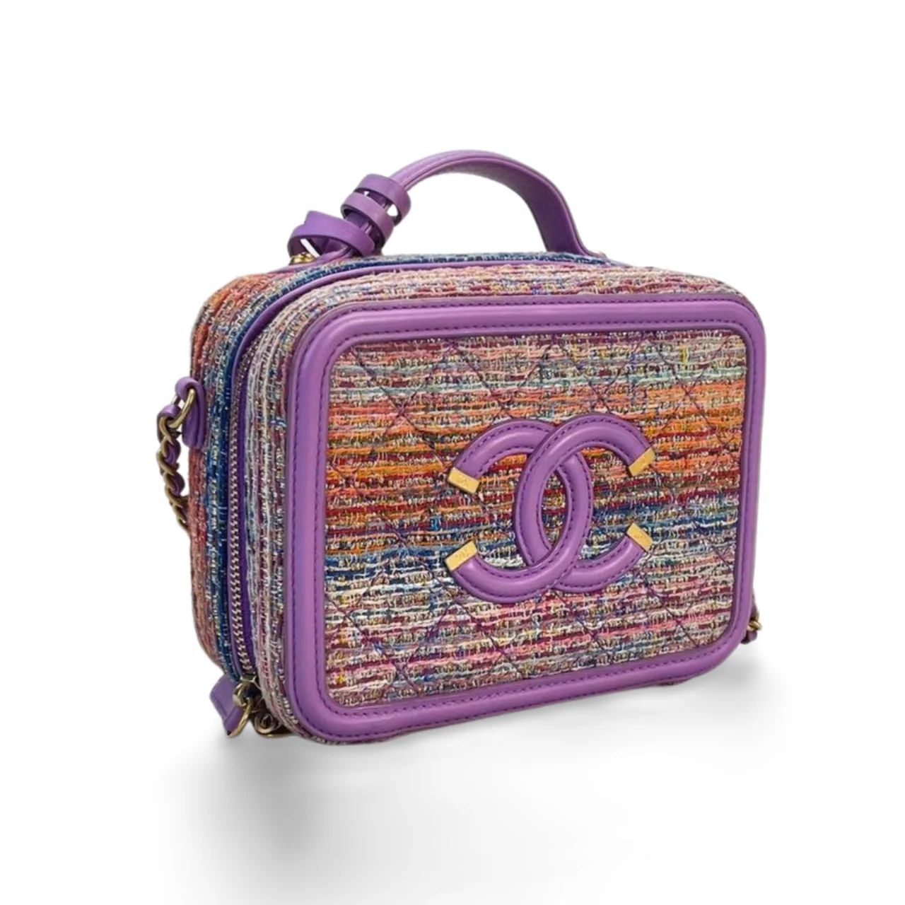 used-Chanel Tweed vanity Case Bag with Gold hardware Small Multi-Color-MILOURA