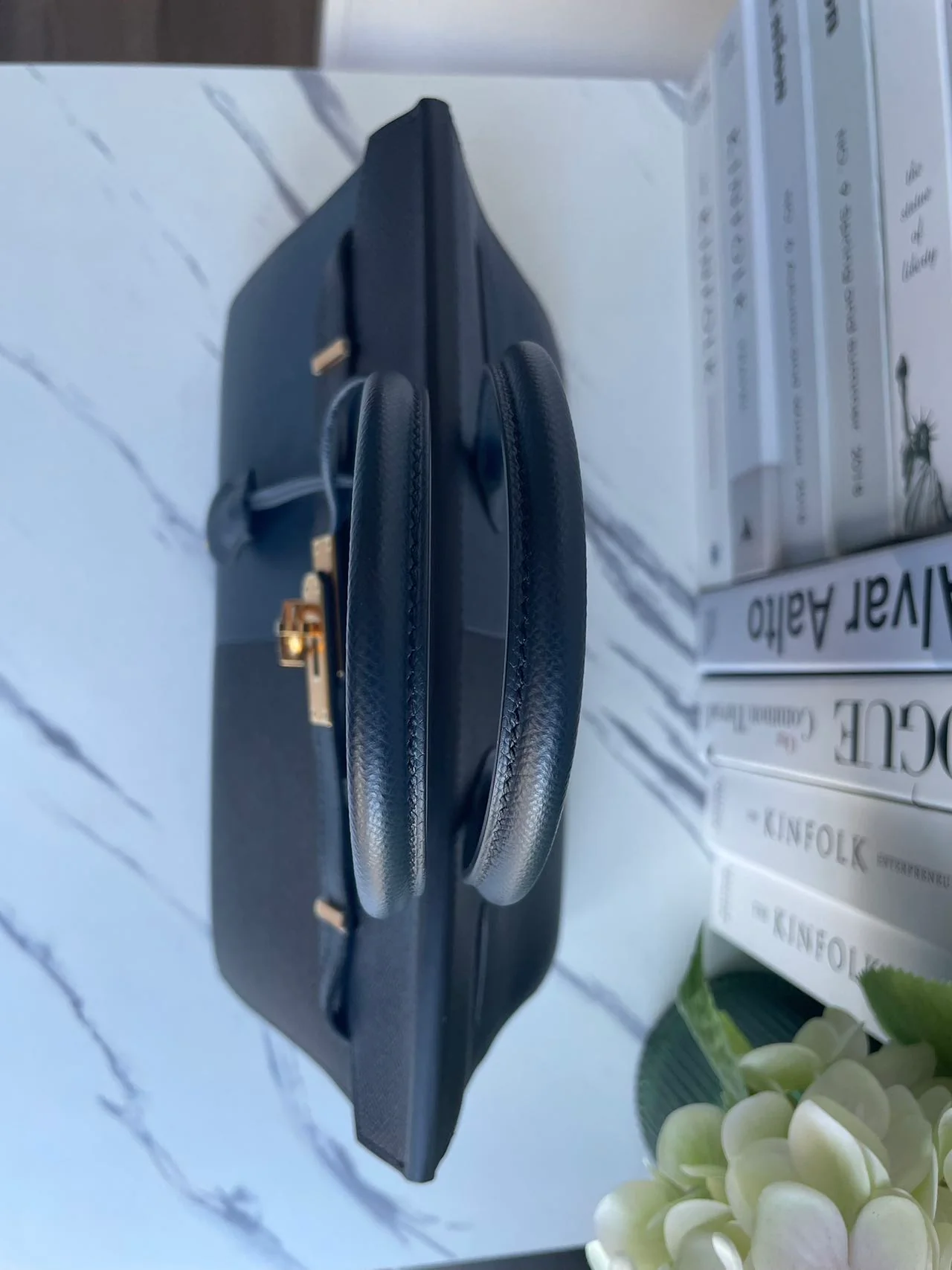 used-Hermes Birkin Bag 30 in Blue Indigo and Black Epsom Leather with Gold Hardware-MILOURA