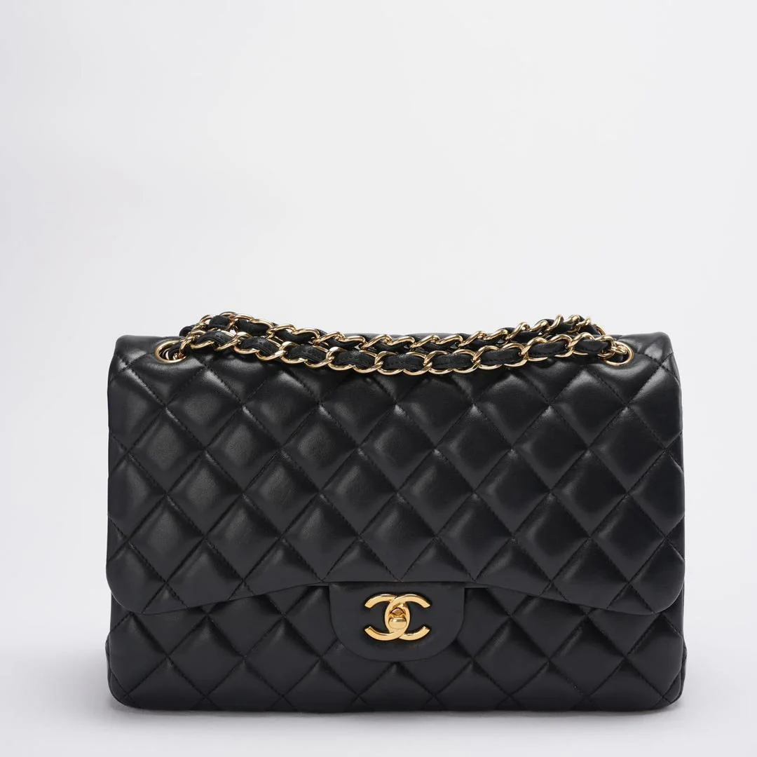 Chanel Timeless Classic Flap  Bag Black Jumbo Quilted Leather Gold Hardware  Front 