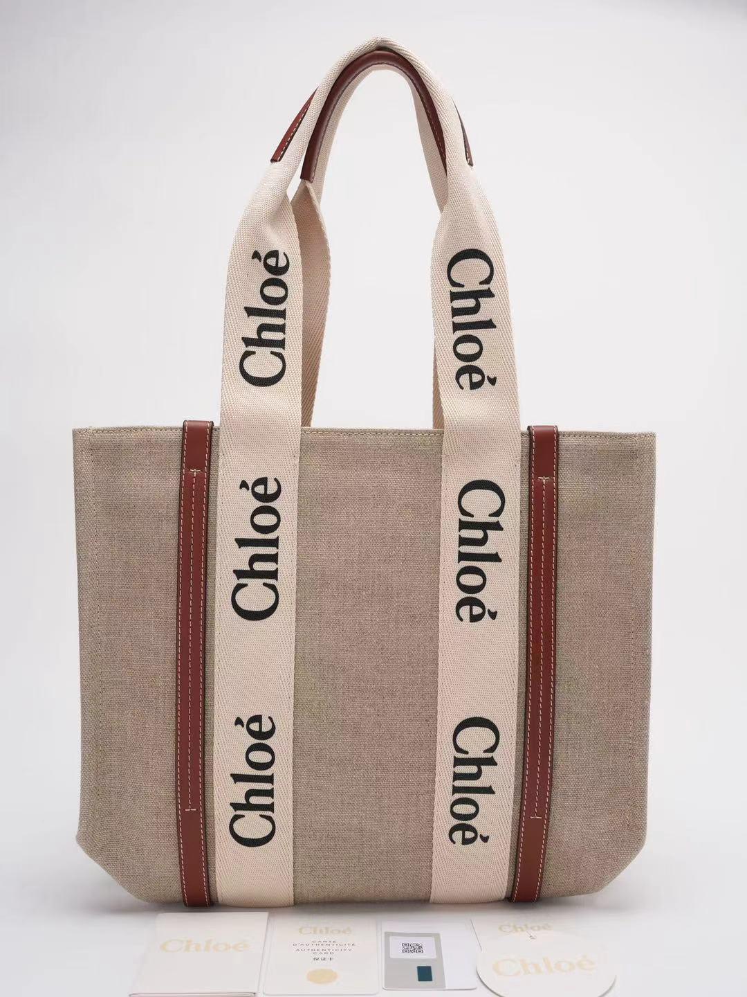 Chloe White Medium Woody Tote Bag Leinen Front