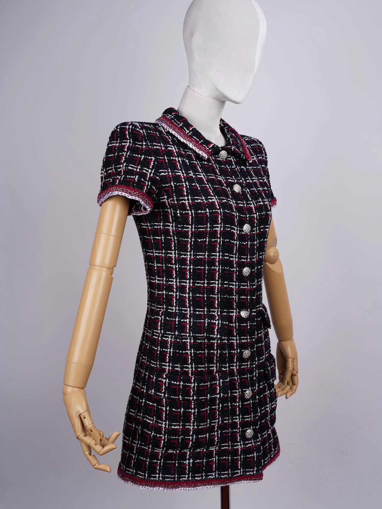 used-Chanel Checkered Tweed Short Sleeve Mini Dress Size 36 in Blue/Red-MILOURA