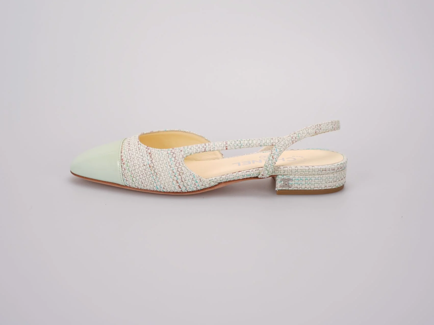 used-Chanel Light Green Tweed Slingback Patent Cap Toe Ballerinas 36-MILOURA