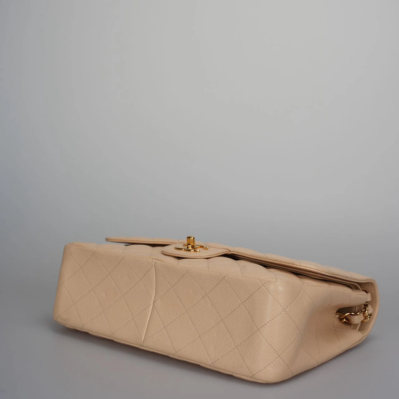 used-Chanel Beige Jumbo timeless Flap Bag Caviar Leather with Gold Hardware-MILOURA