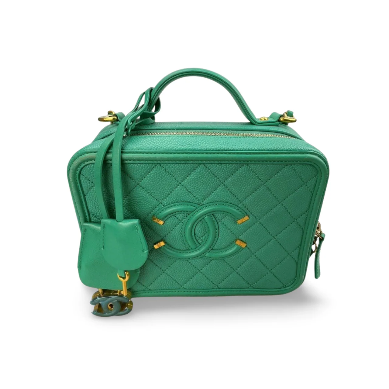 used-Chanel Vanity Case Bag in Caviar Leather Brushed Gold Hardware Mint Green Medium-MILOURA