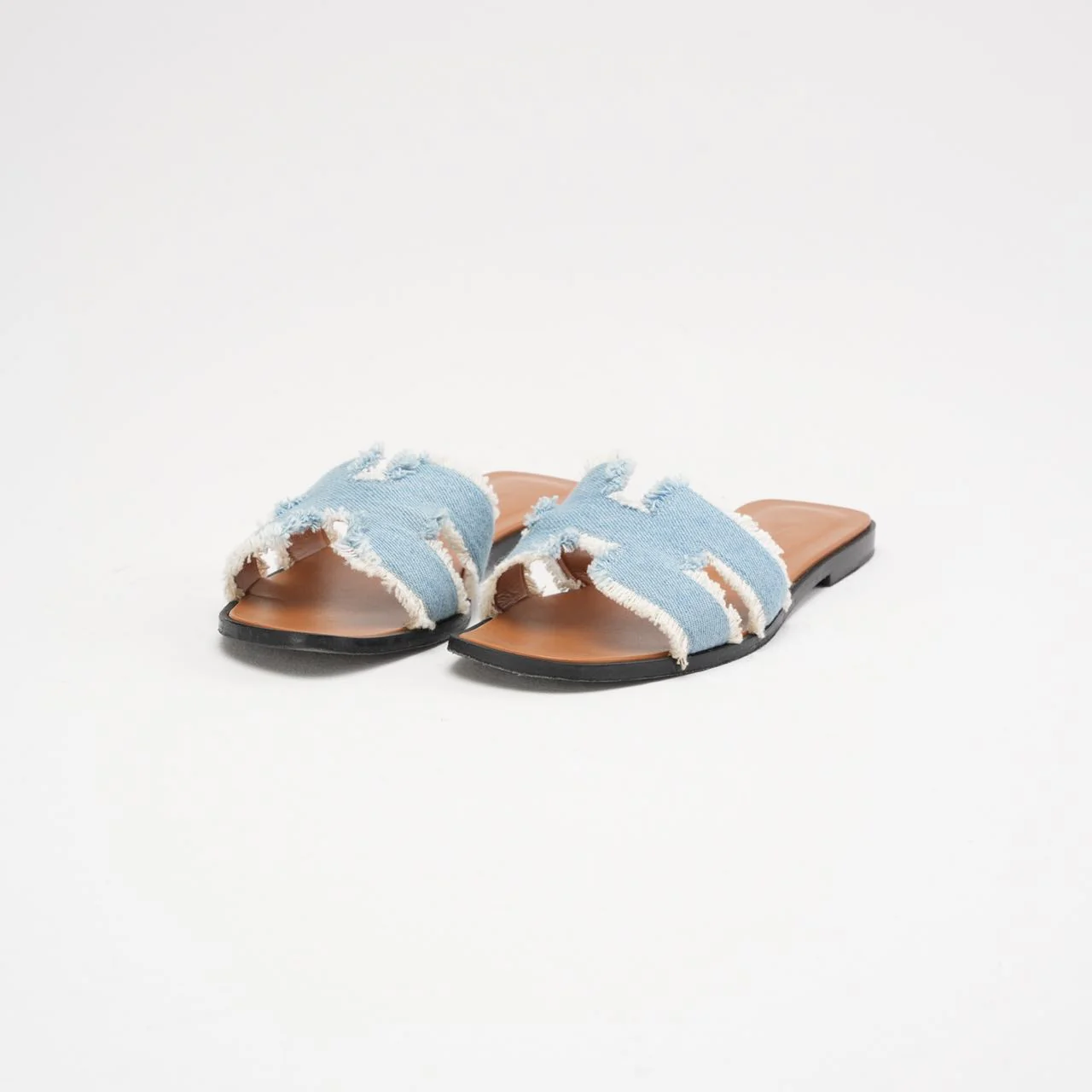 Hermes Blue Clair Denim Oran Fringe Sandals Size 38.5