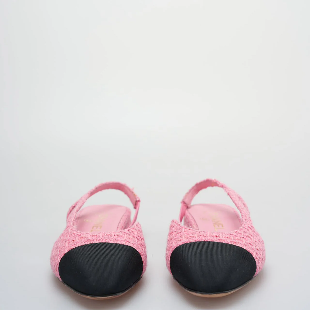 used-Chanel Tweed Grosgrain Cap Toe CC Slingback Pumps size 37.5 in Pink and Black-MILOURA