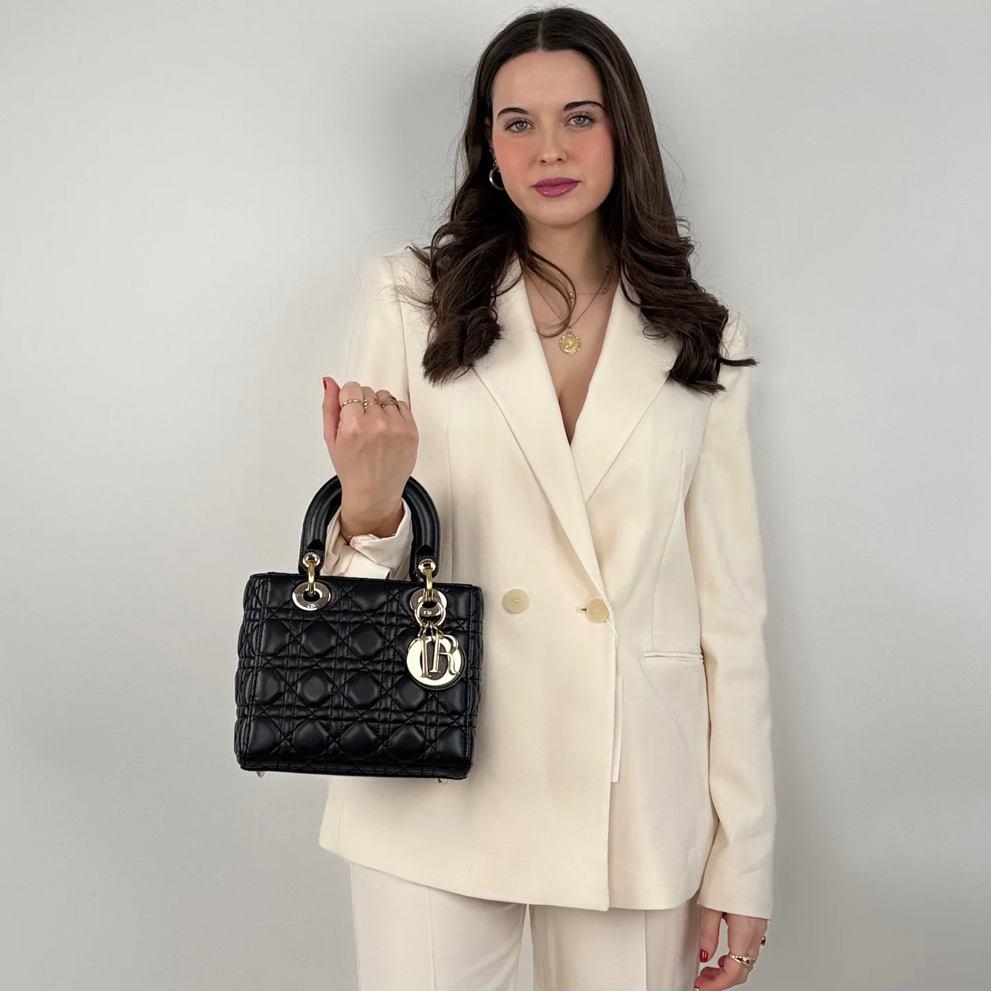 used-Christian Dior Black Medium Lady Dior Bag in Cannage Lambskin Leather with Silver Hardware-MILOURA