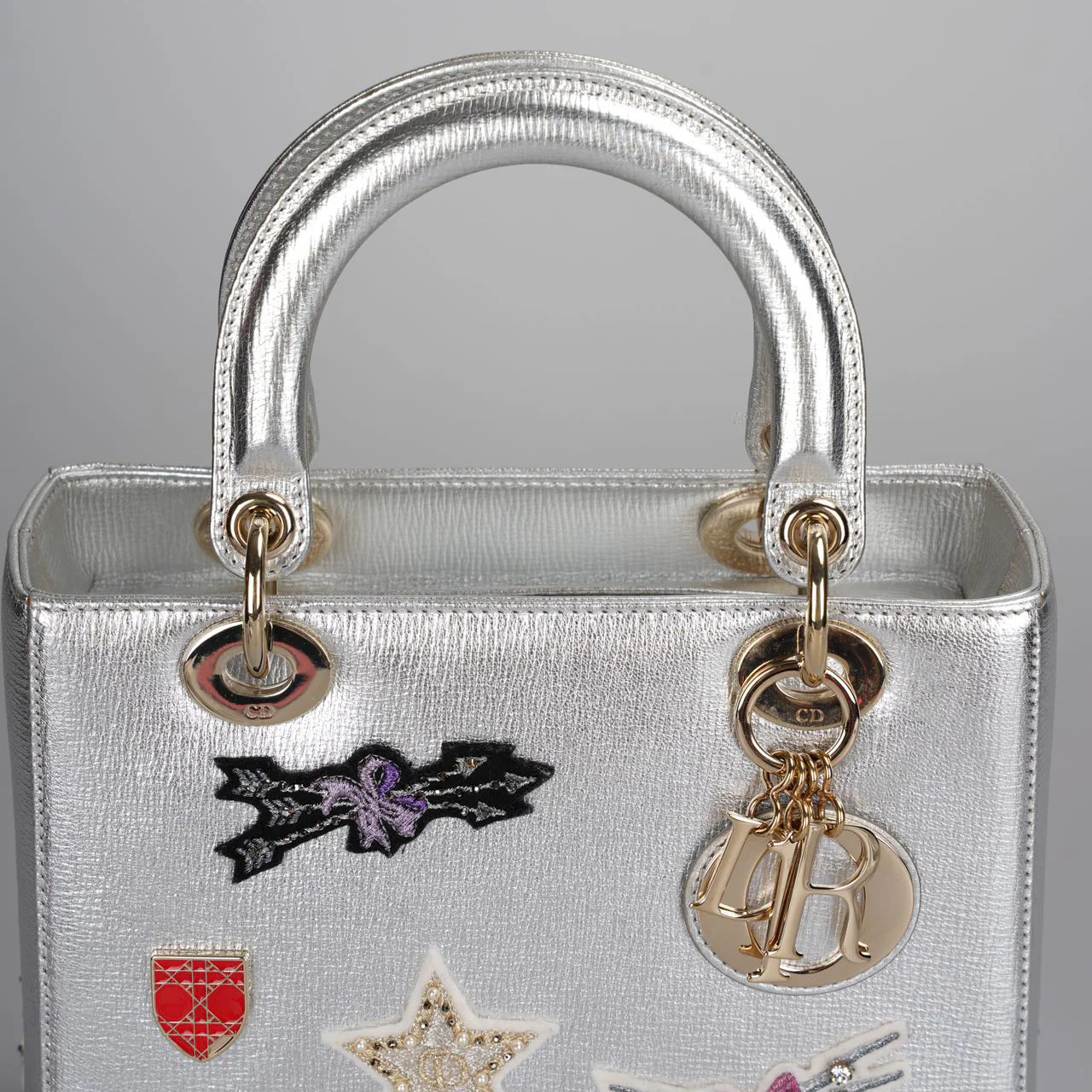 used-Christian Dior Leather Lady Dior Shoulder Bag in Silver-MILOURA