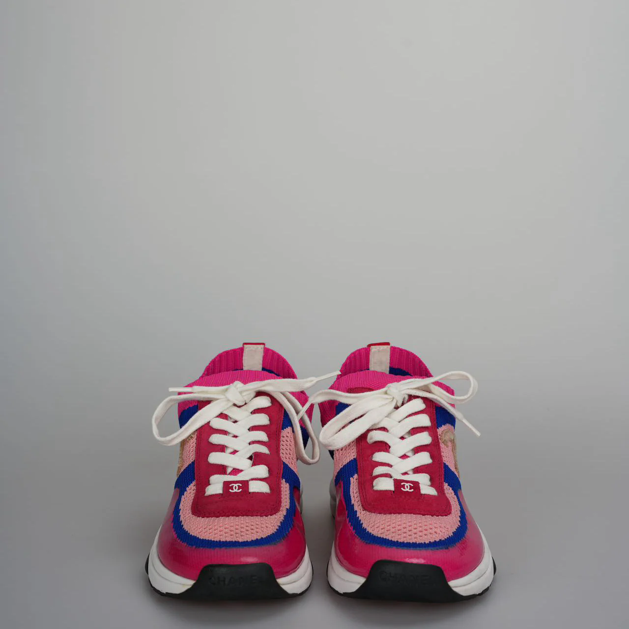 used-Chanel Fabric Suede Calfskin Stretch CC Sneakers Pink, Red and Blue Size 39-MILOURA
