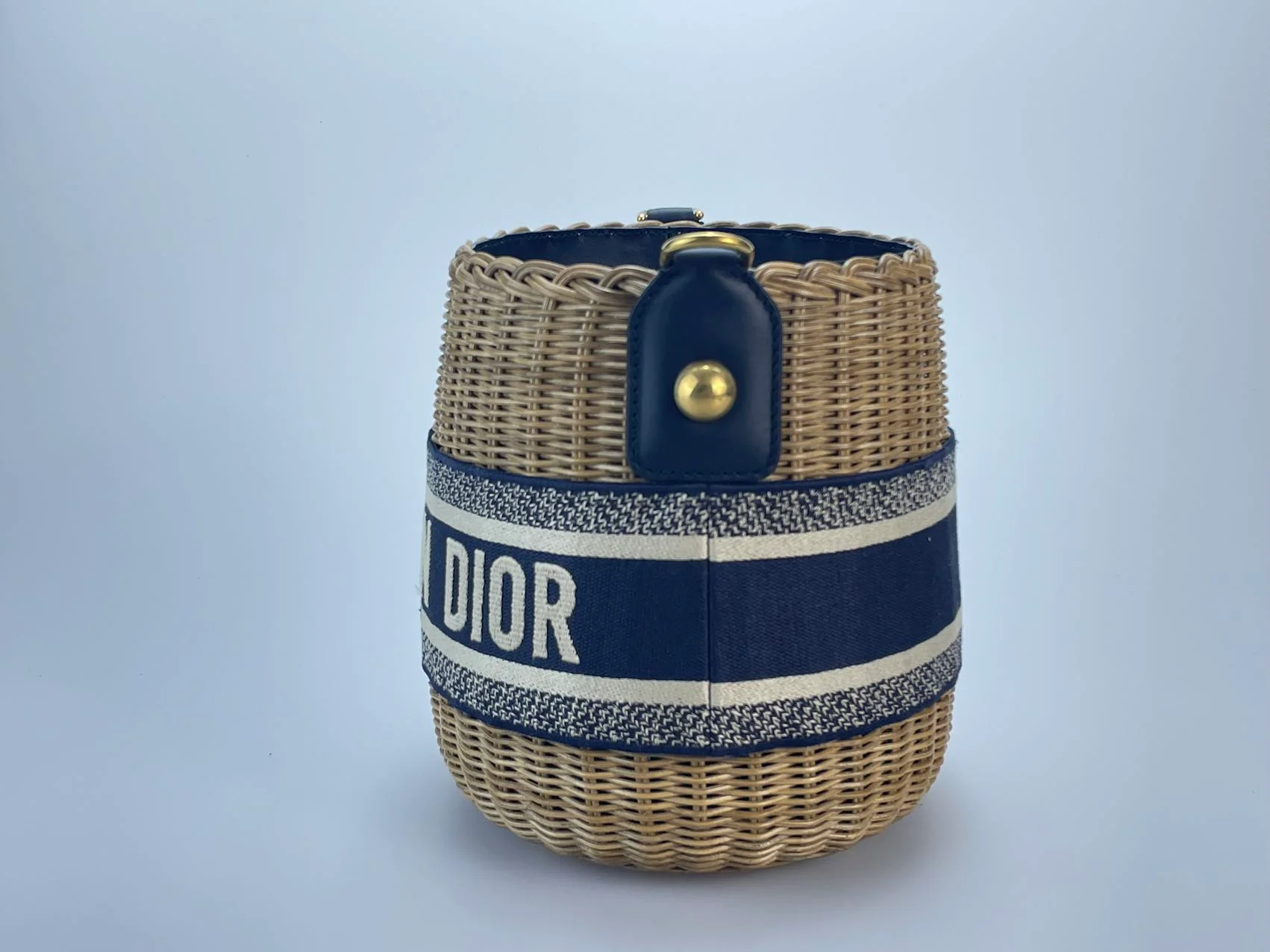 used-Dior Dioriviera Bucket Bag in Wicker and Blue Canvas With Gold Hardware-MILOURA