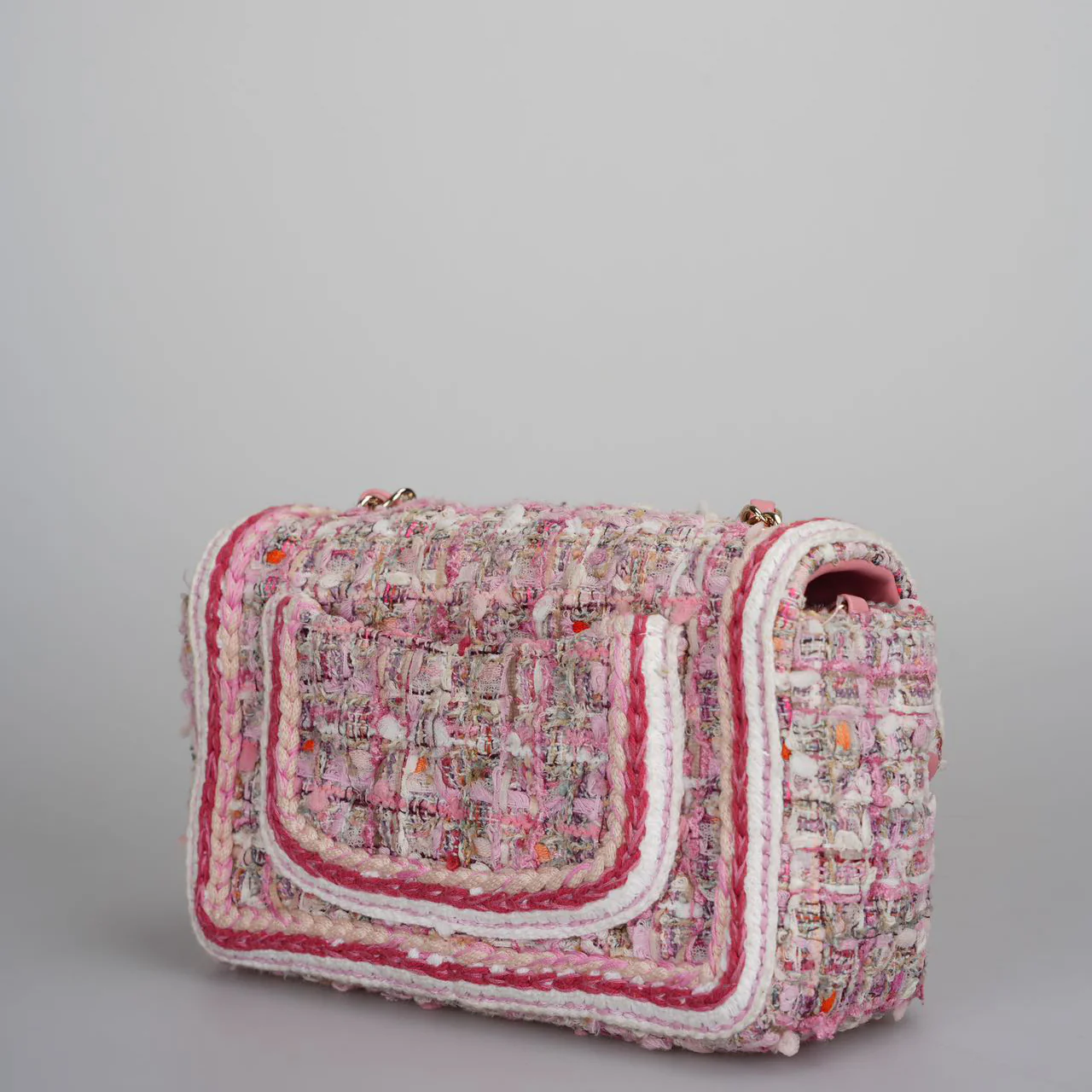 used-Chanel Timeless Tweed Mini Flap Bag in White and Pink With Gold Hardware-MILOURA