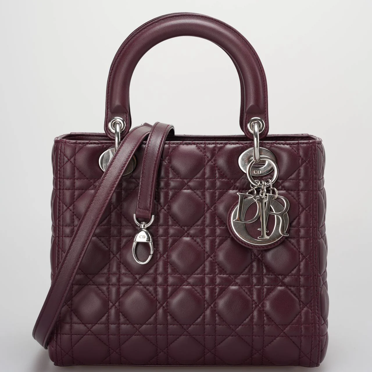 used-Christian Dior Burgundy Lady Dior Bag in Cannage Lambskin Leather with Silver Hardware Medium-MILOURA