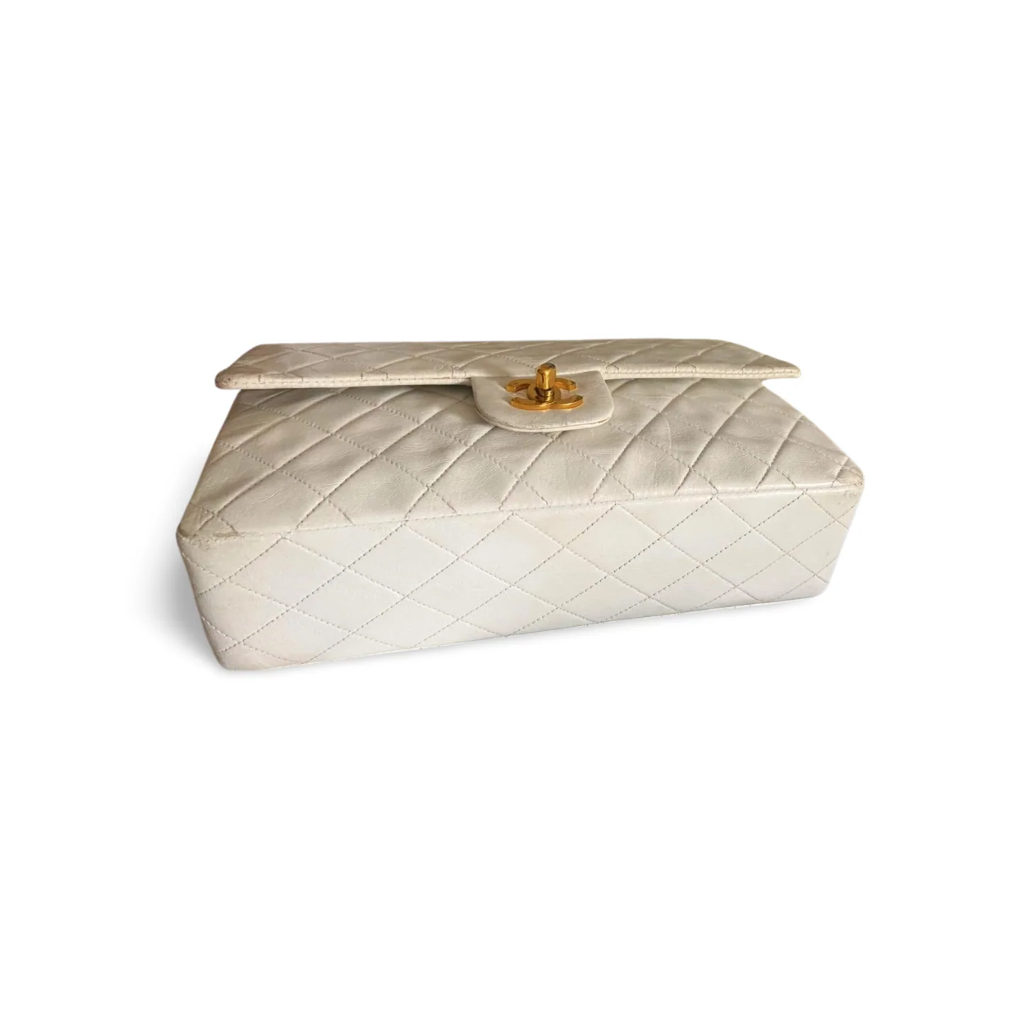 used-Chanel White Vintage Medium Classic Flap Bag in Lambskin Leather with 24K Gold Hardware-MILOURA