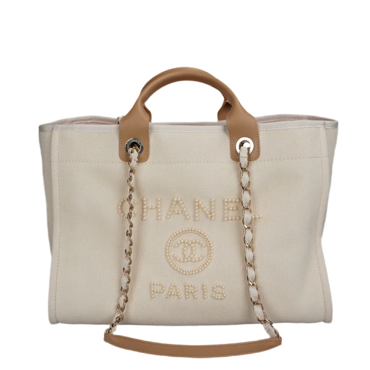 used-Chanel Deauville Pearl Tote Beige white medium-MILOURA