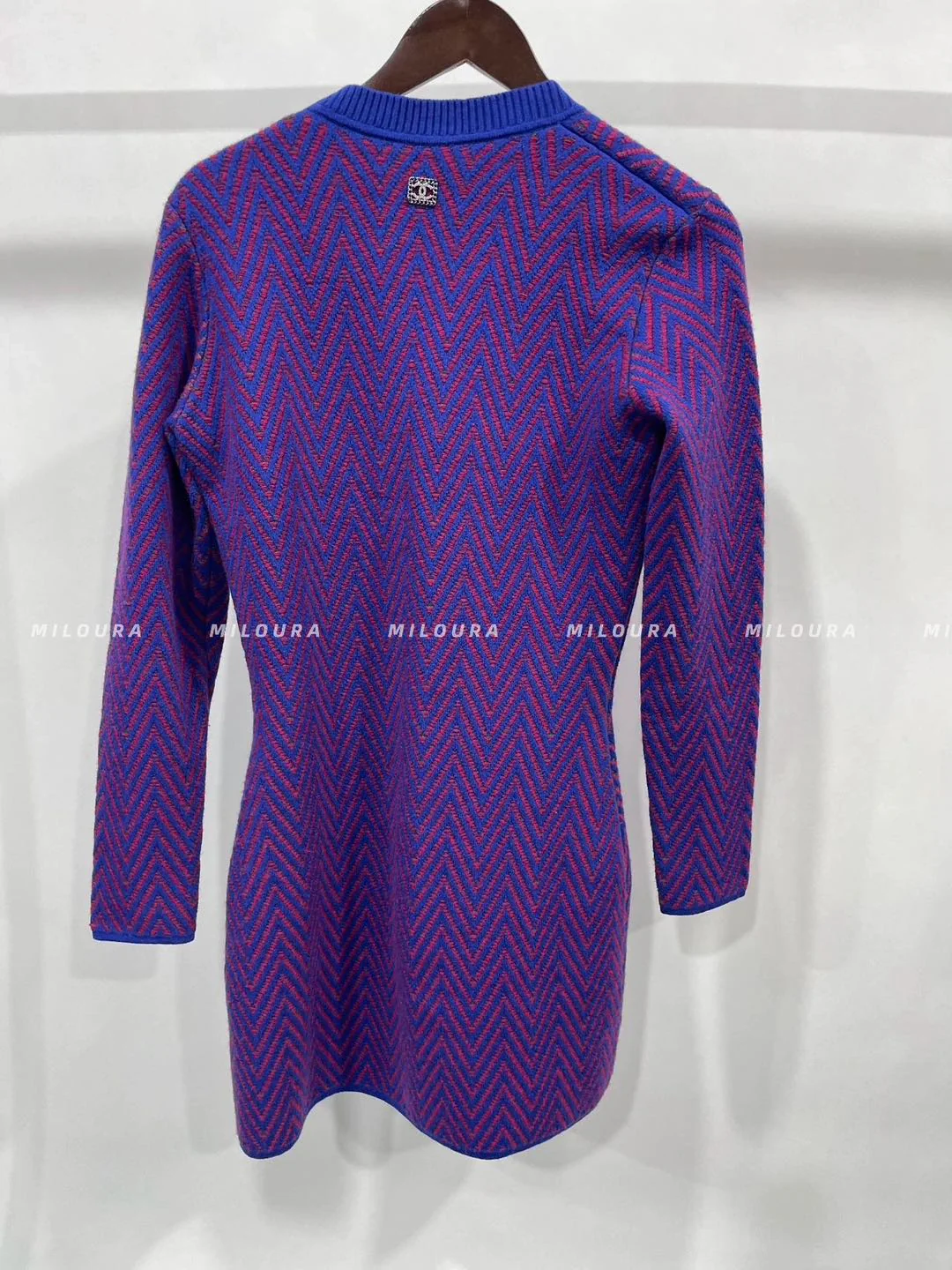 used-CHANEL 100% cashmere blue red chevron green CC logo crystal brooch dress FR40-MILOURA