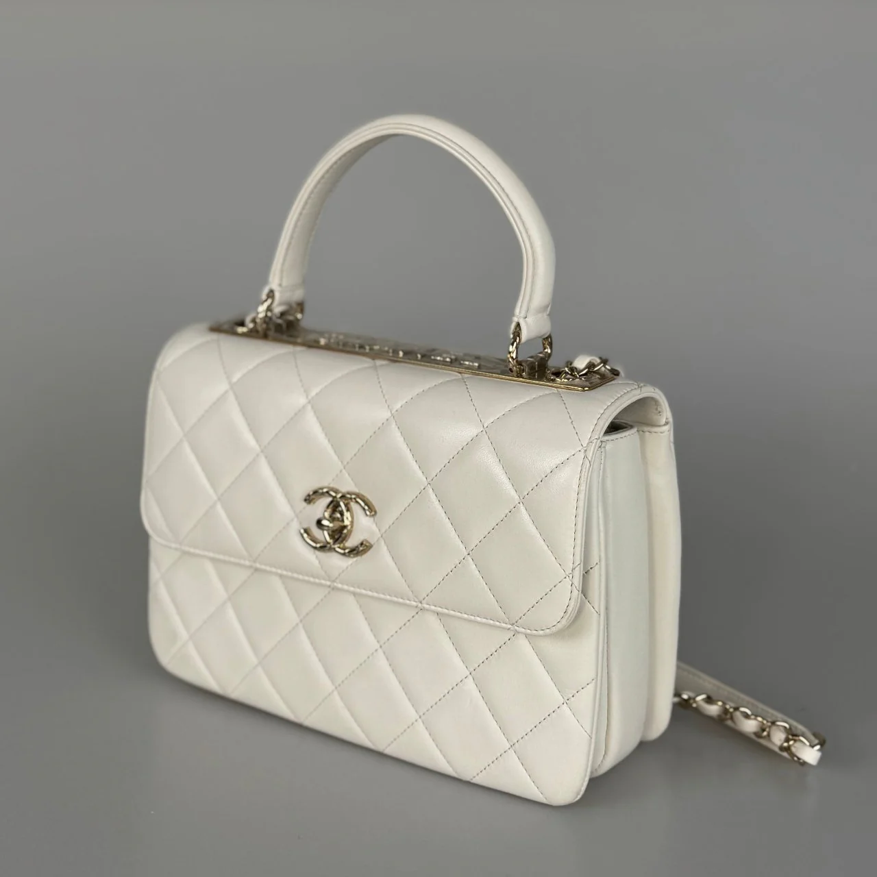 used-Chanel Trendy CC Bag in Lambskin Small White Diamond Quilted with Champagne Gold Hardware-MILOURA