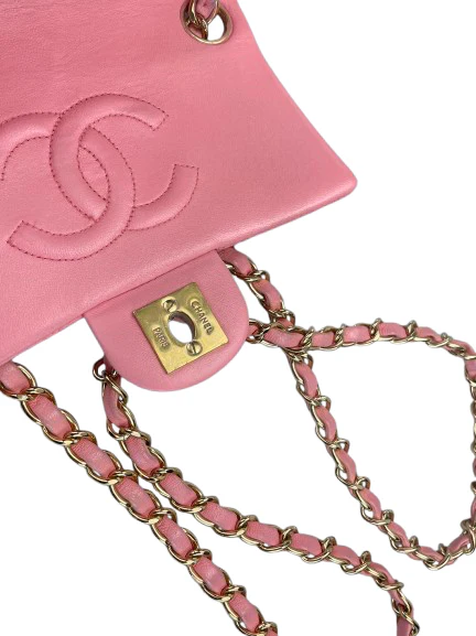 used-Chanel Vintage Rose Pink Classic Mini Square Flap Bag in Lambskin with Gold Hardware-MILOURA