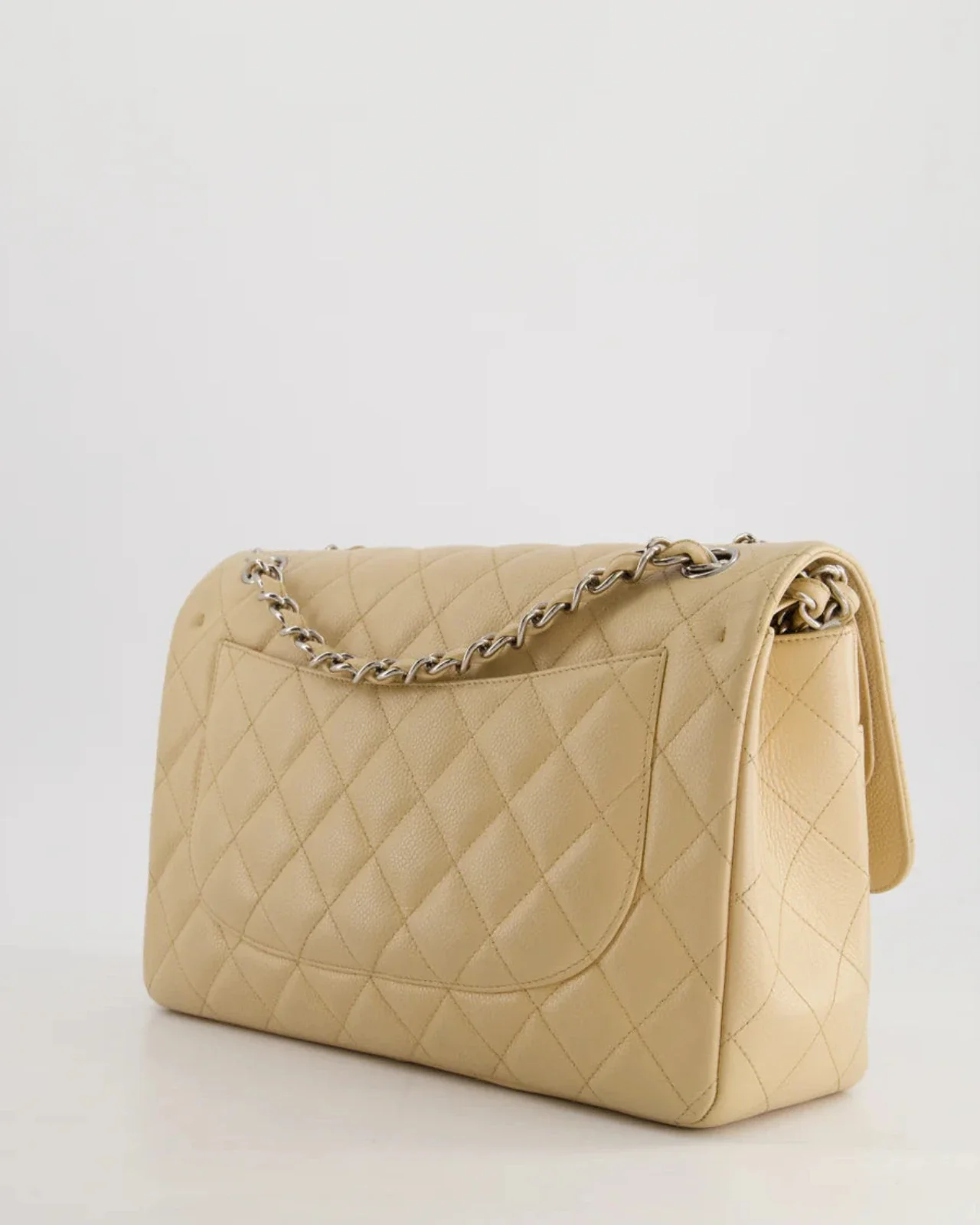 used-Chanel timeless Flap Bag Beige Jumbo size Caviar Leather with Silver Hardware-MILOURA