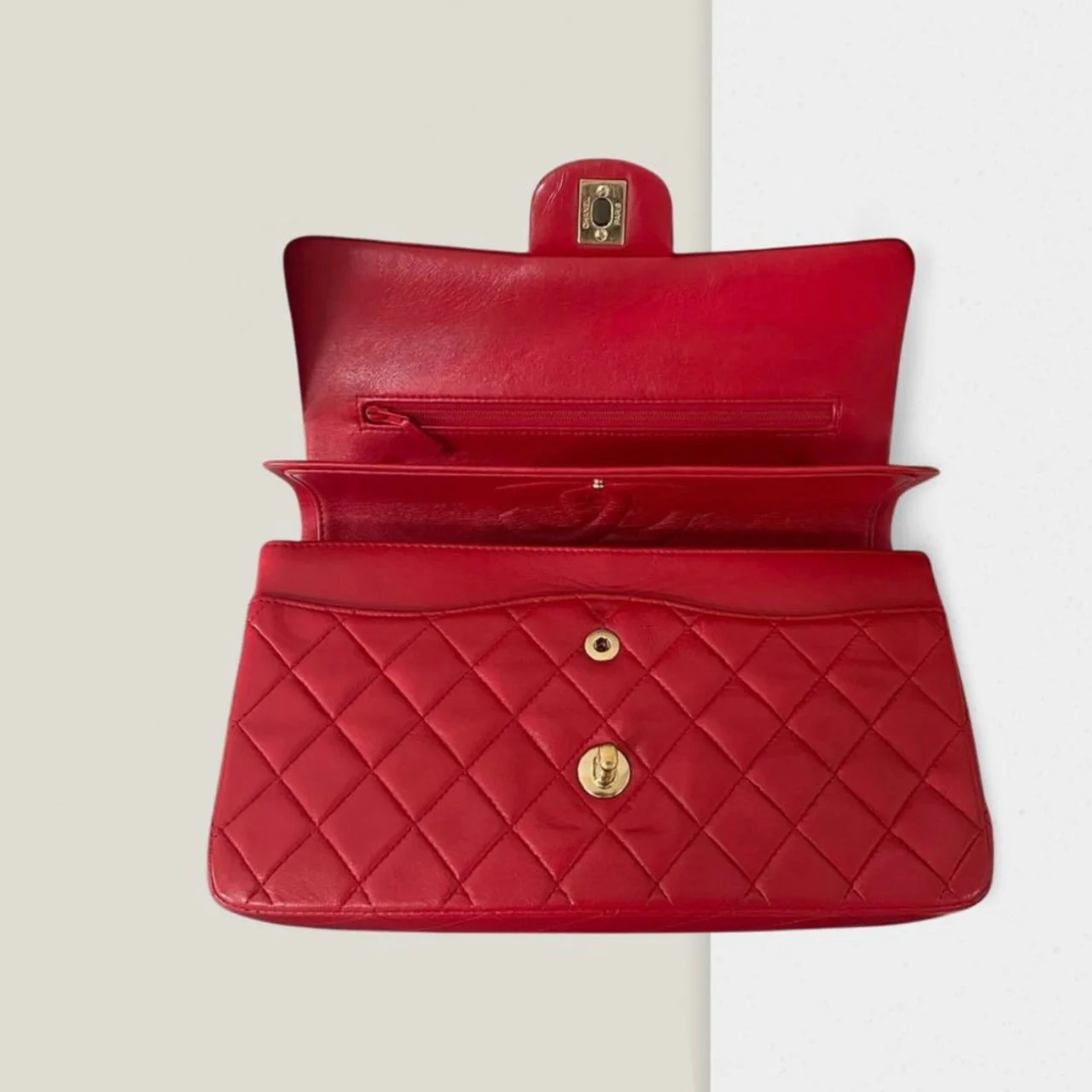 used-Chanel Red Vintage Classic Double Flap Bag Medium in Lambskin Leather 24K Gold Hardware-MILOURA