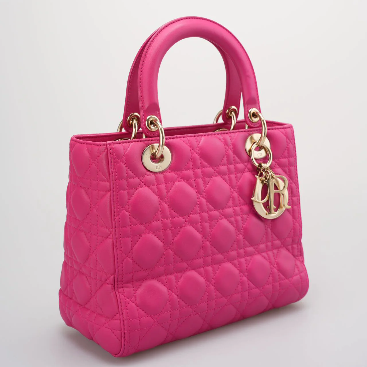 used-Christian Dior Pink Lady Dior Bag in Cannage Lambskin Leather with Gold Hardware Medium-MILOURA