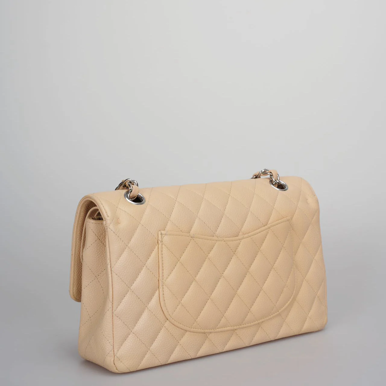 used-Chanel Beige Quilted Caviar Leather timeless Double Flap Bag medium-MILOURA