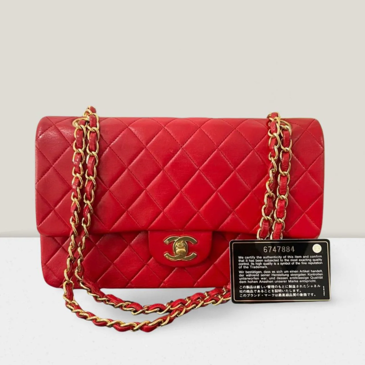 used-Chanel Red Vintage Classic Double Flap Bag Medium in Lambskin Leather 24K Gold Hardware-MILOURA