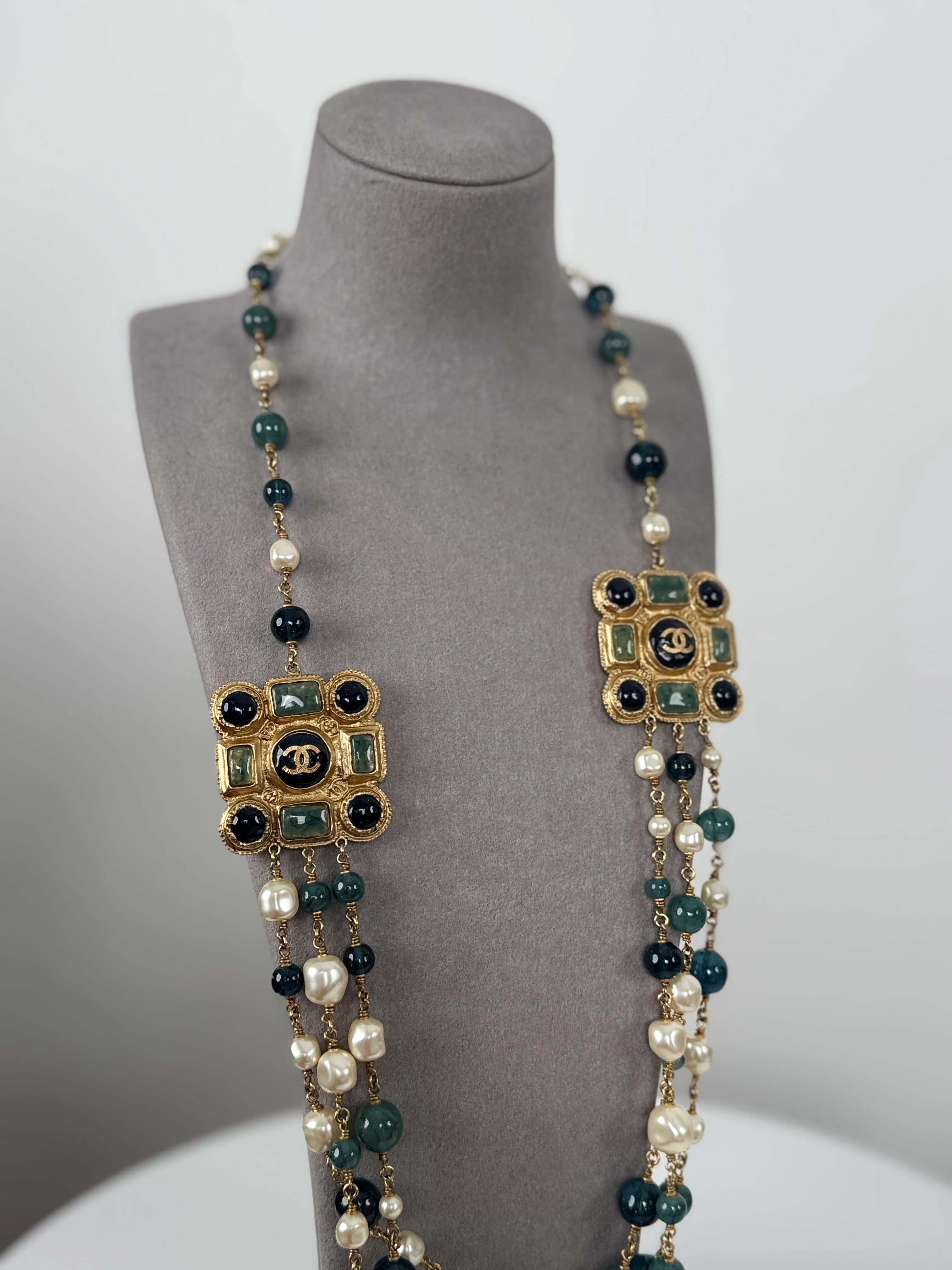 used-Chanel Blue and White Multi-Beads with Two Gold Cabochons Necklace from 2011 collection-MILOURA