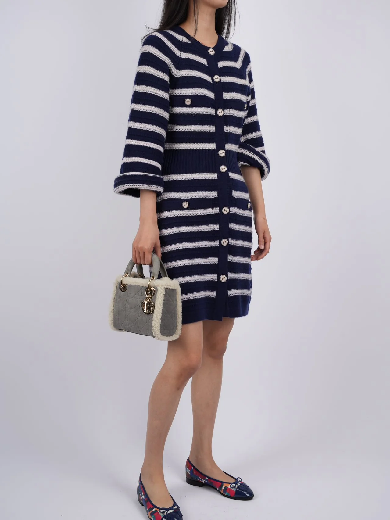 used-CHANEL cashmere Striped Dress in Navy Blue and White FR 34-MILOURA