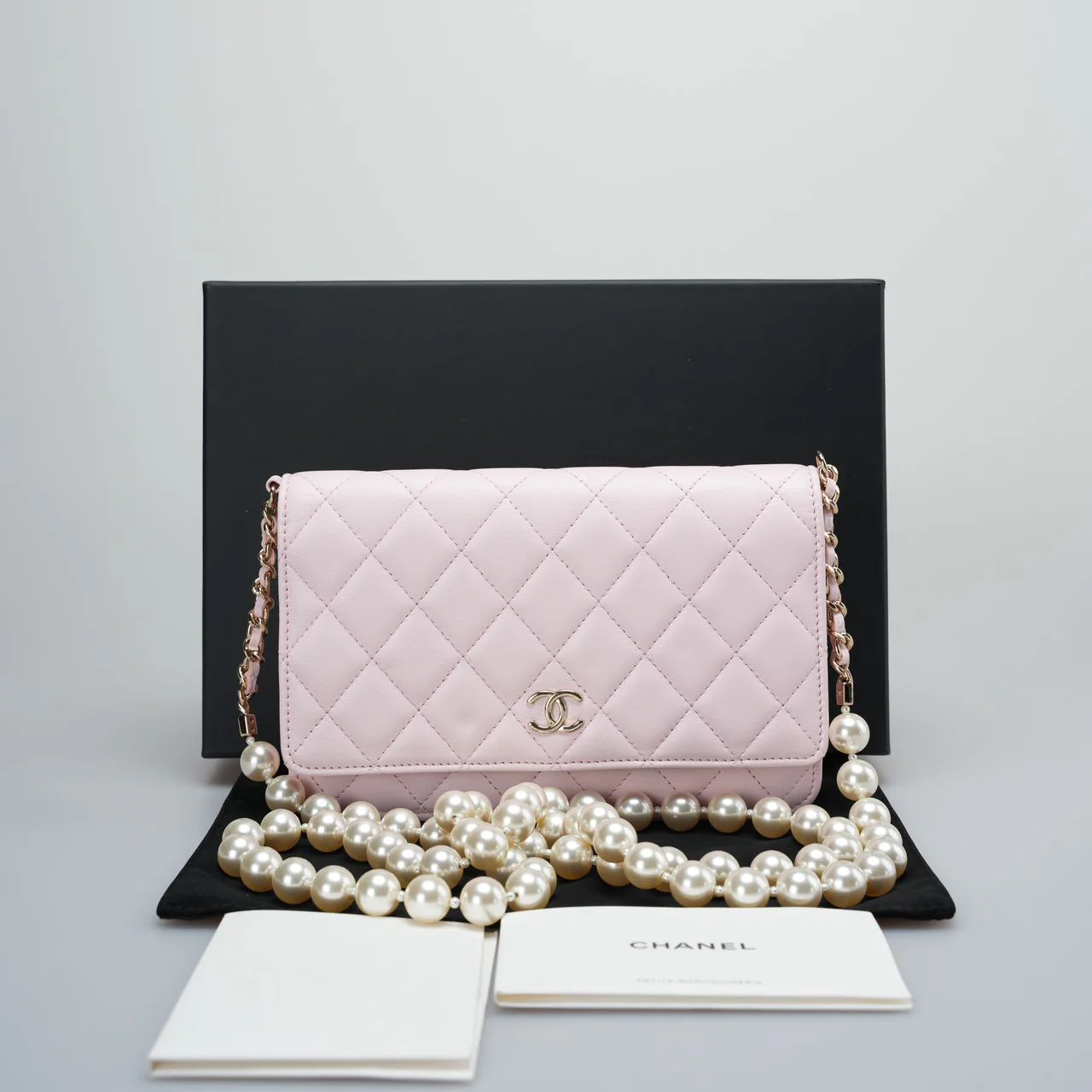 used-Chanel Pink Quilted Lambskin Pearl Wallet on Chain With Gold Hardware-MILOURA
