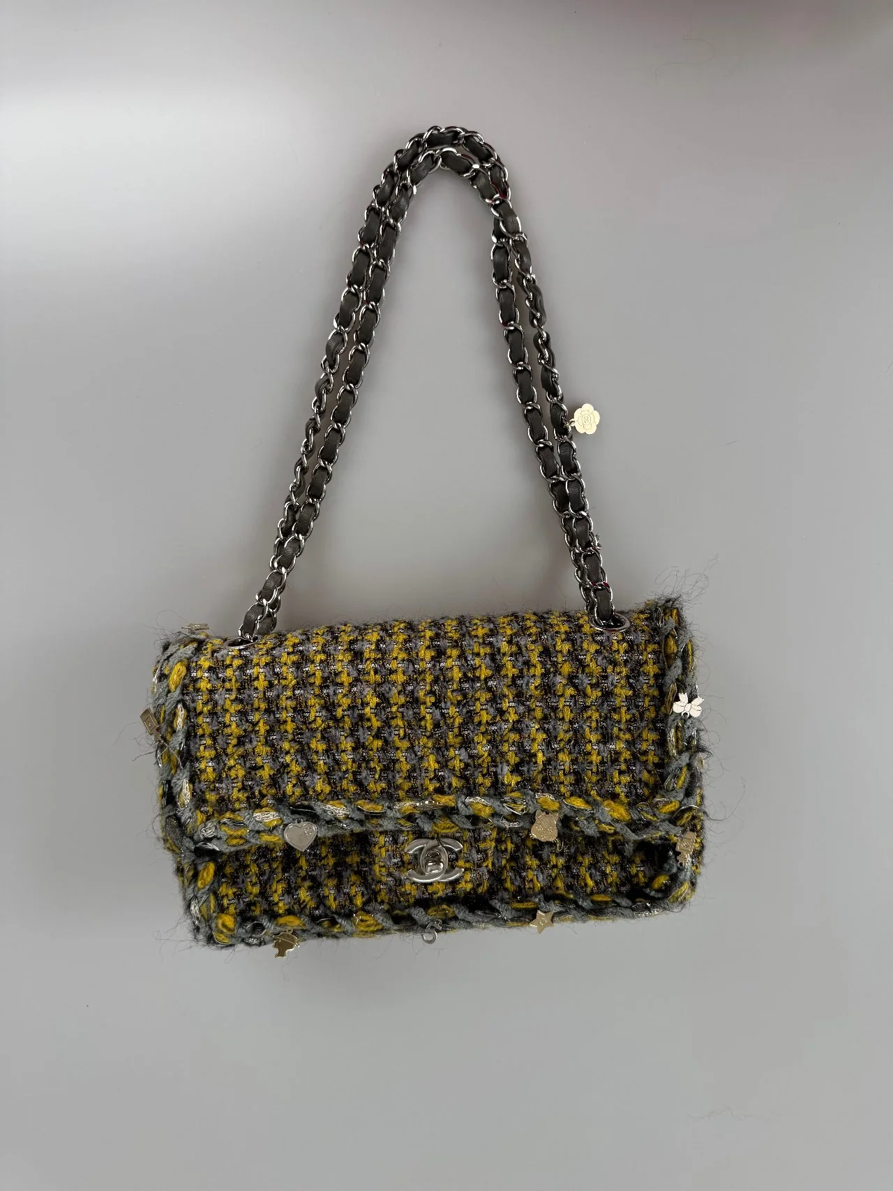 used-Chanel Tweed Braided Charms medium Flap Bag Yellow Grey Black-MILOURA