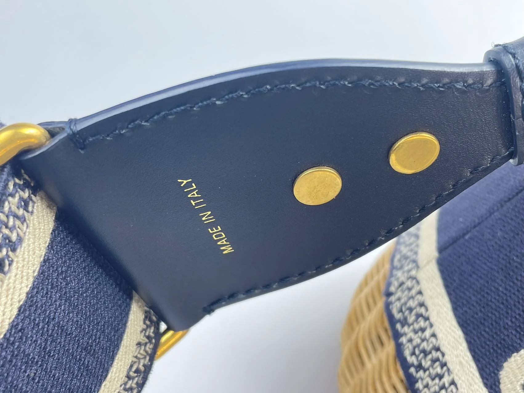 used-Dior Dioriviera Bucket Bag in Wicker and Blue Canvas With Gold Hardware-MILOURA