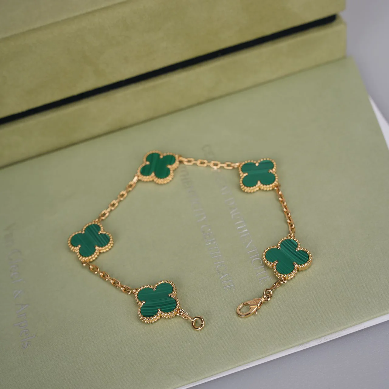 used-Van Cleef & Arpels 18k Yellow Gold Malachite 5 Motifs Vintage Alhambra Bracelet 2021-MILOURA