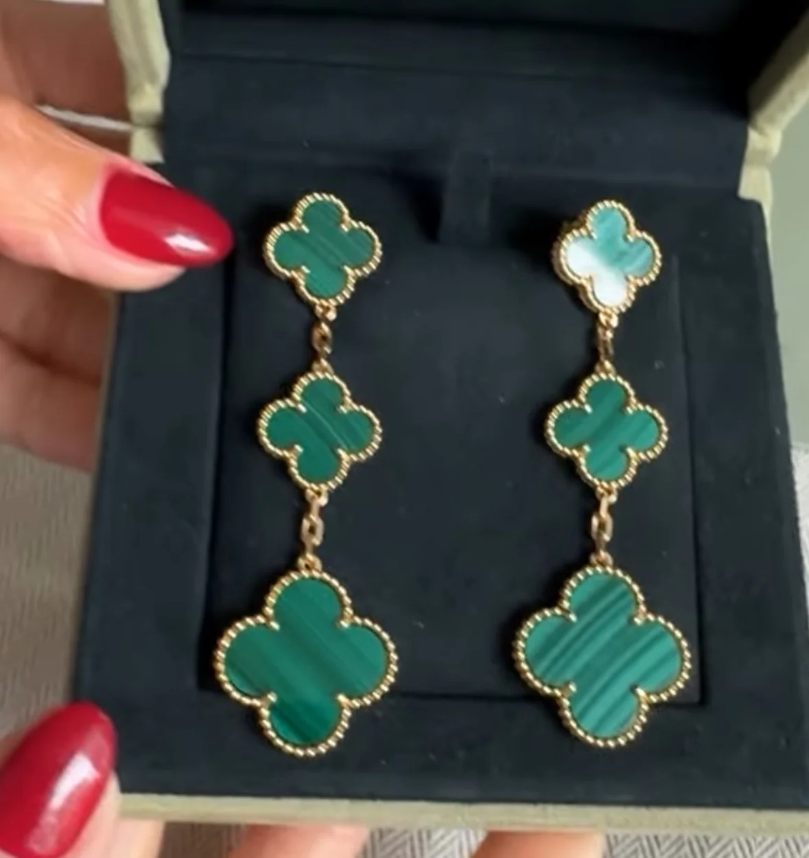 used-Van Cleef & Arpels Alhambra 3 Motif Earrings in 18K Gold and Malachite-MILOURA