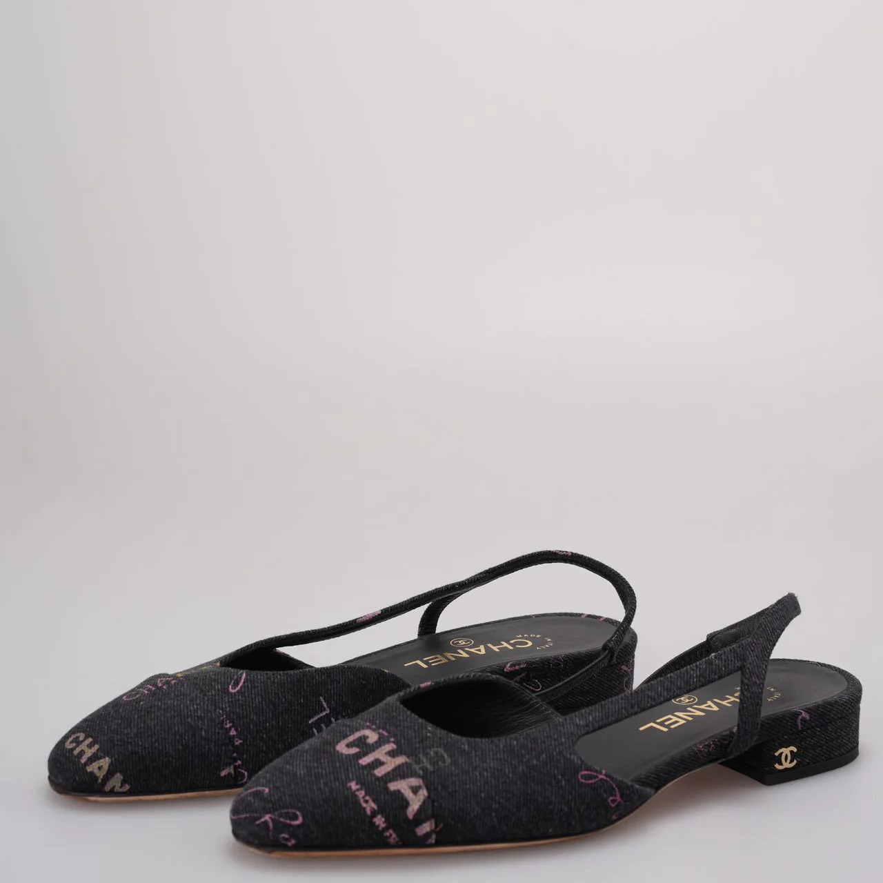 Chanel Black Denim Slingback Mademoiselle Coco Flat size 38