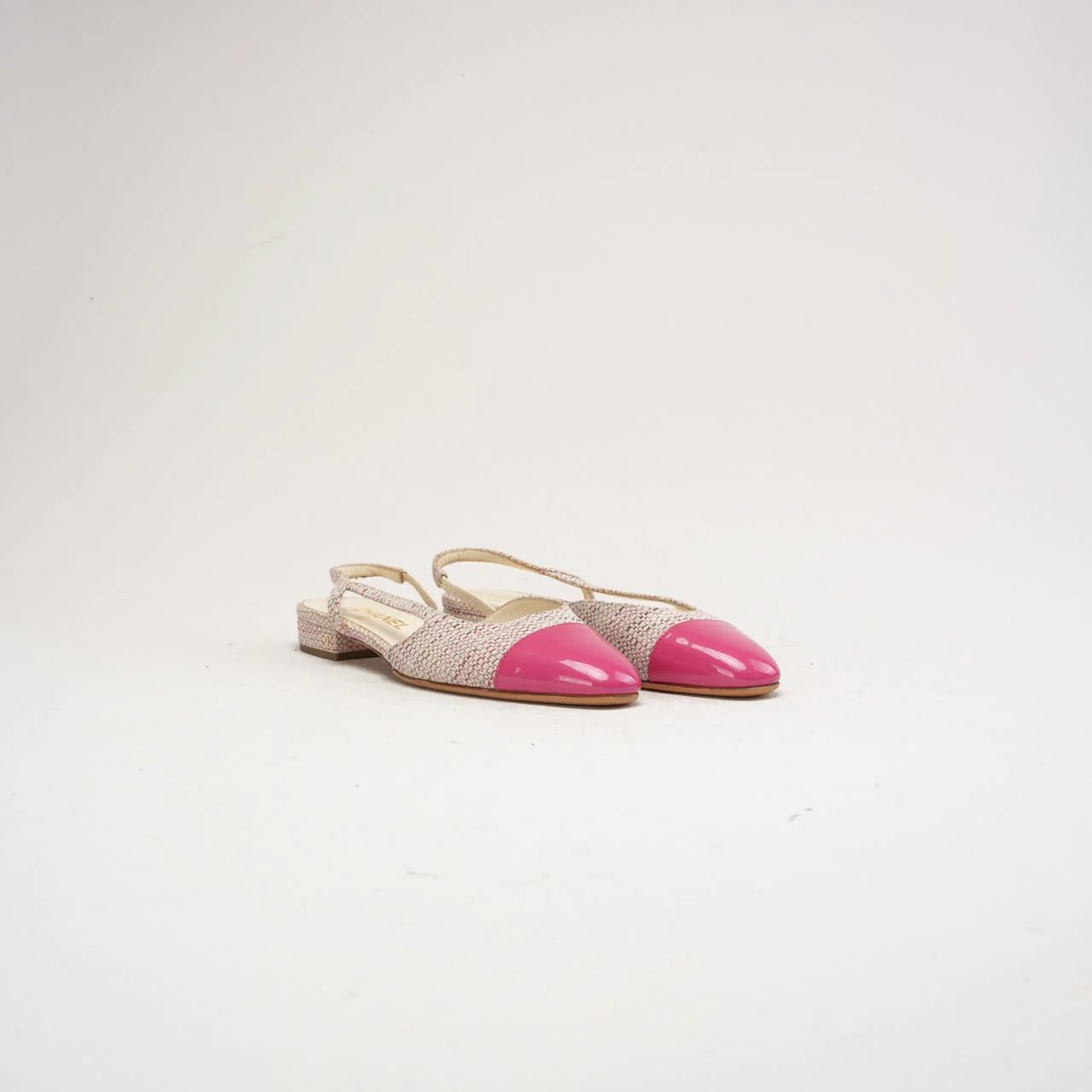 Chanel Pink CC Logo Tweed Leather Slingback Flats Size 38 C